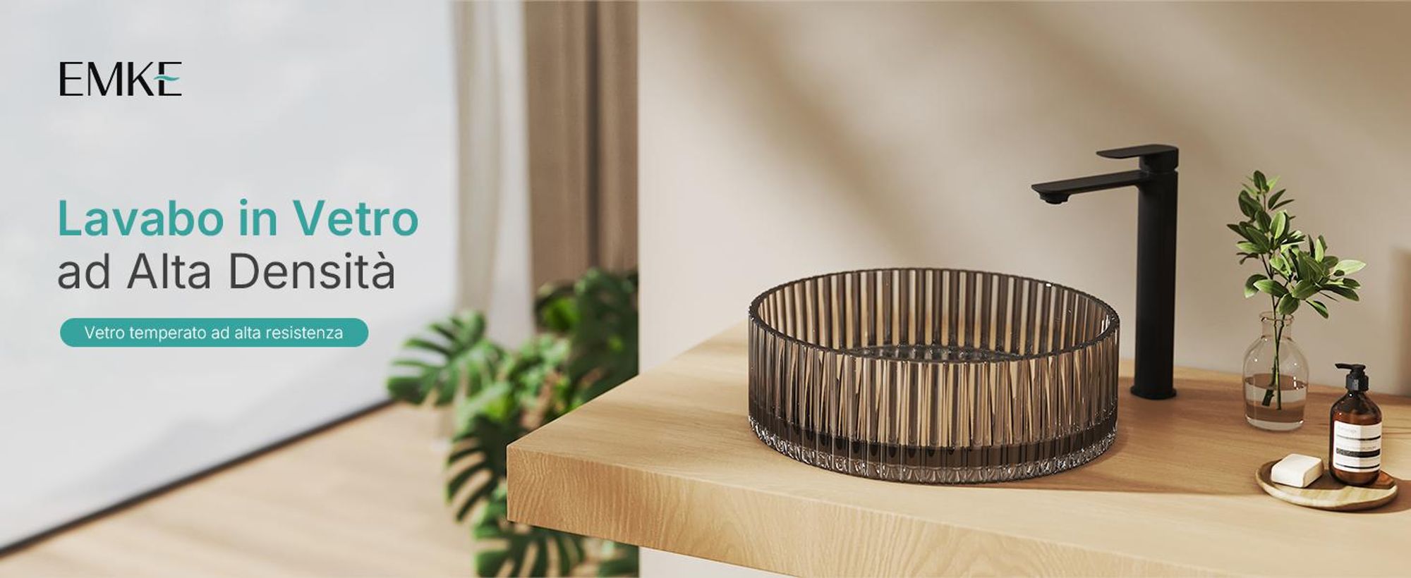 Lavabo da appoggio EMKE rotondo 400x400x120 mm in vetro cristallo temperato galvanico nero opaco, senza foro per rubinetto e troppopieno, design moderno
