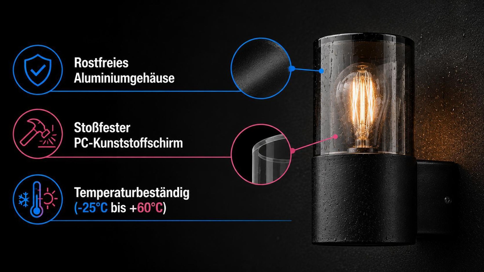 XUDO Außenwandleuchte E27 IP44 Schwarz Rund, Wandleuchte Außen, Gartenbeleuchtung Fassadenlampe