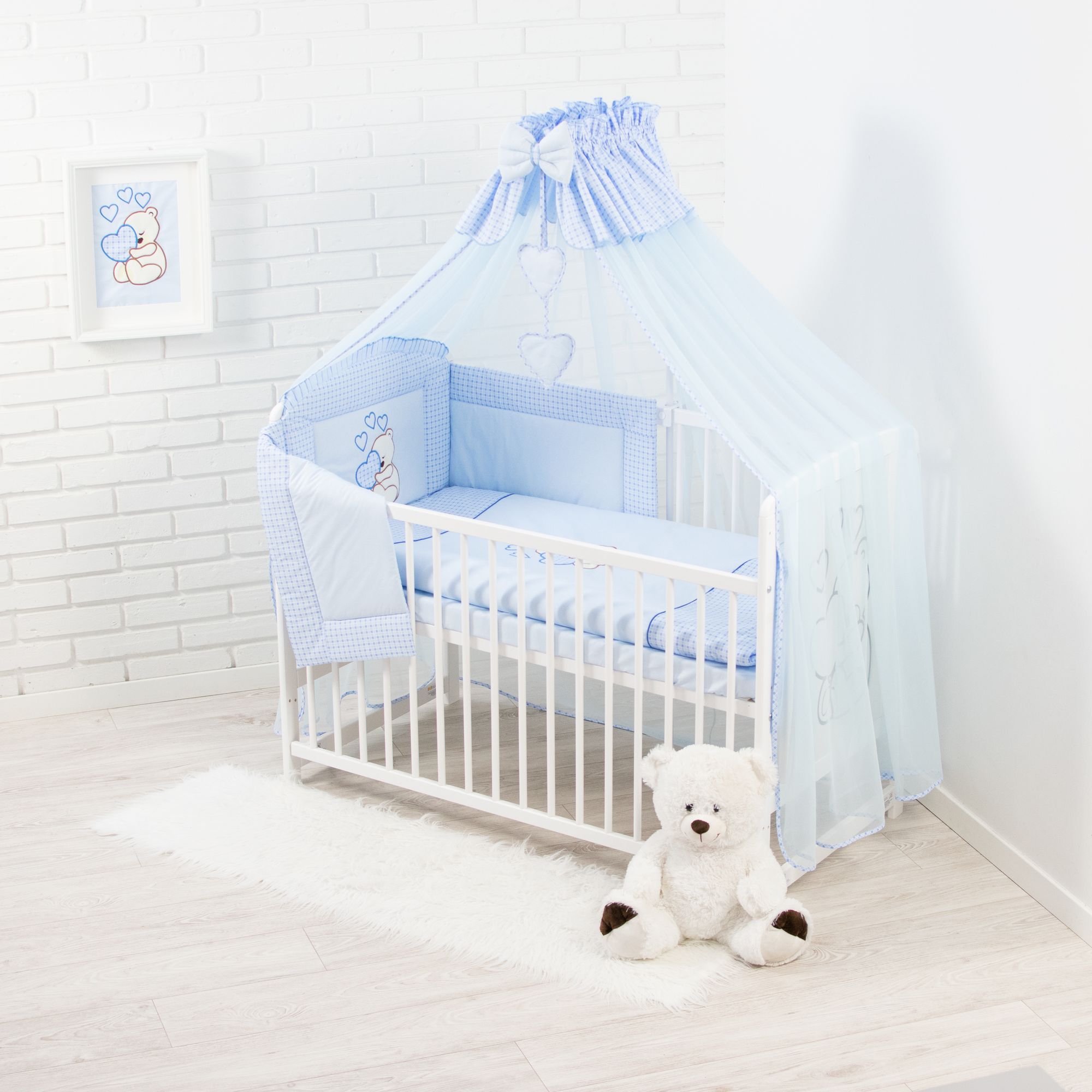 12 Teiliges Kinderbett mit Matratze Bettzeug und Zubehör - Teddybär mit Herz Blau
