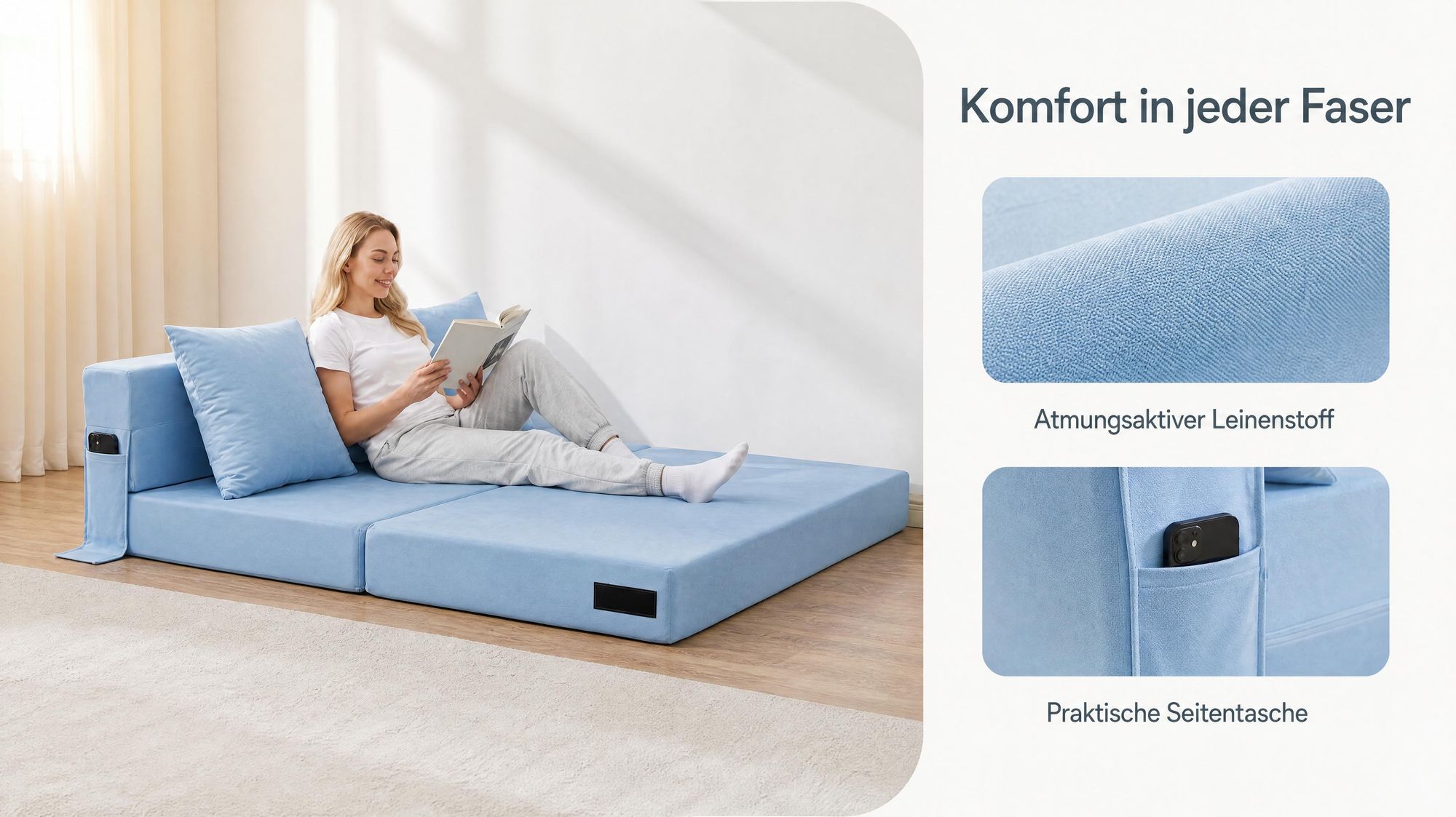 Bodensofa mit schlaffunktion, Klappbar Schlafsofas, 3-in-1, mit 2 Kissen, Seitentaschen, ohne Montage, 140x200 cm, für zwei, waschbarer Bezug, Blau
