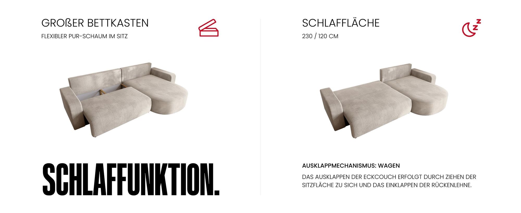 BroMARKT Ecksofa BISK Schlaffunktion Bettkasten L-Form 120x200 cm Vanille