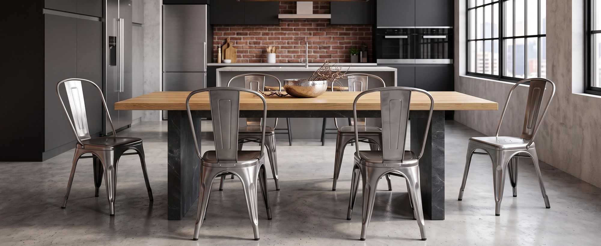 4 stoelen voor de keuken, eetkamerstoelen van metaal, met een houten zitvlak, stapelbaar, kleur: metallic, materiaal: metaal