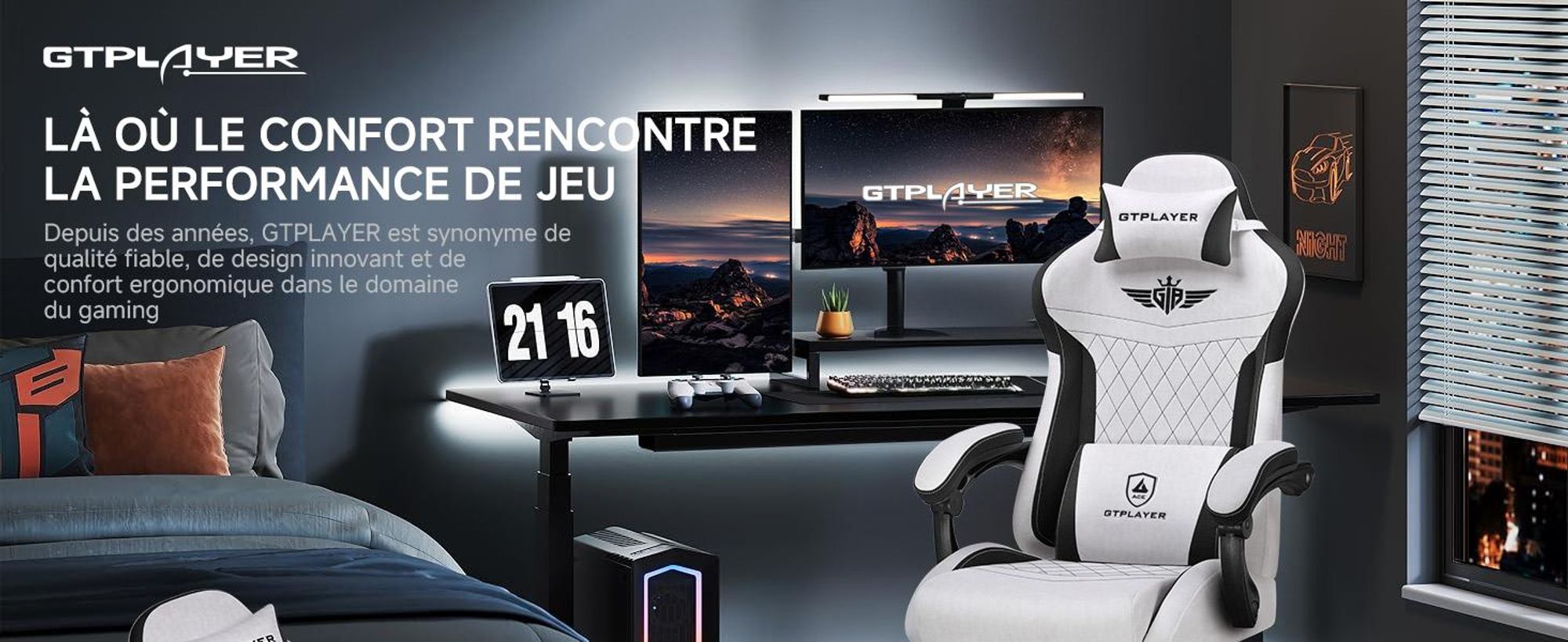 Chaise de jeu GTPLAYER, Chaise de jeu ergonomique en tissu avec soutien lombaire, Chaise PC avec dossier élargi, Charge maximale 150 kg, Gris