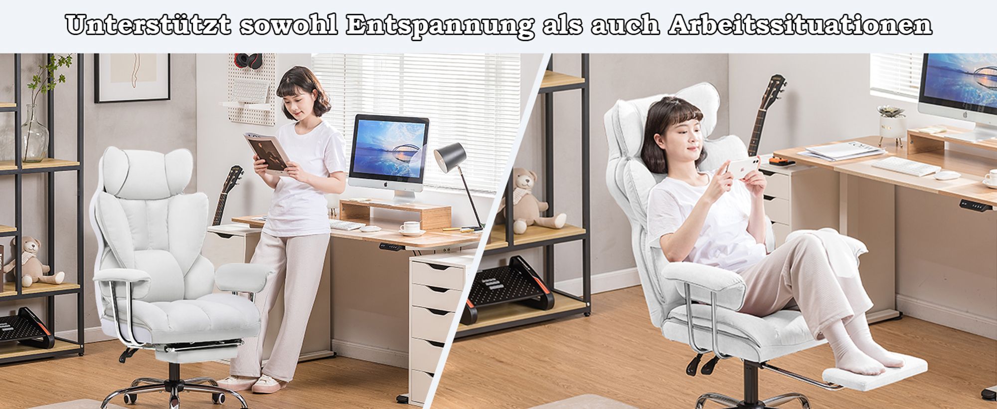 COMHOMA Bürostuhl Gaming Stuhl, Gamer Stuhl, Ergonomischer Bürostuhl mit Fußstütze, höhenverstellbar, Schreibtischstuhl, Chefsessel, weiß-Kunstleder