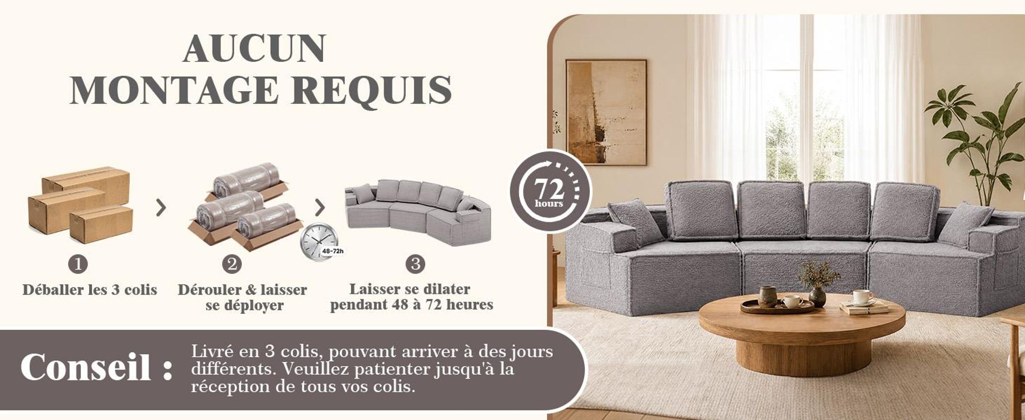 COMHOMA, canapé modulaire, canapé rembourré, canapé 3 places, canapé sectionnel flexible, avec sac de rangement, canapé convertible, pas d'installation requise