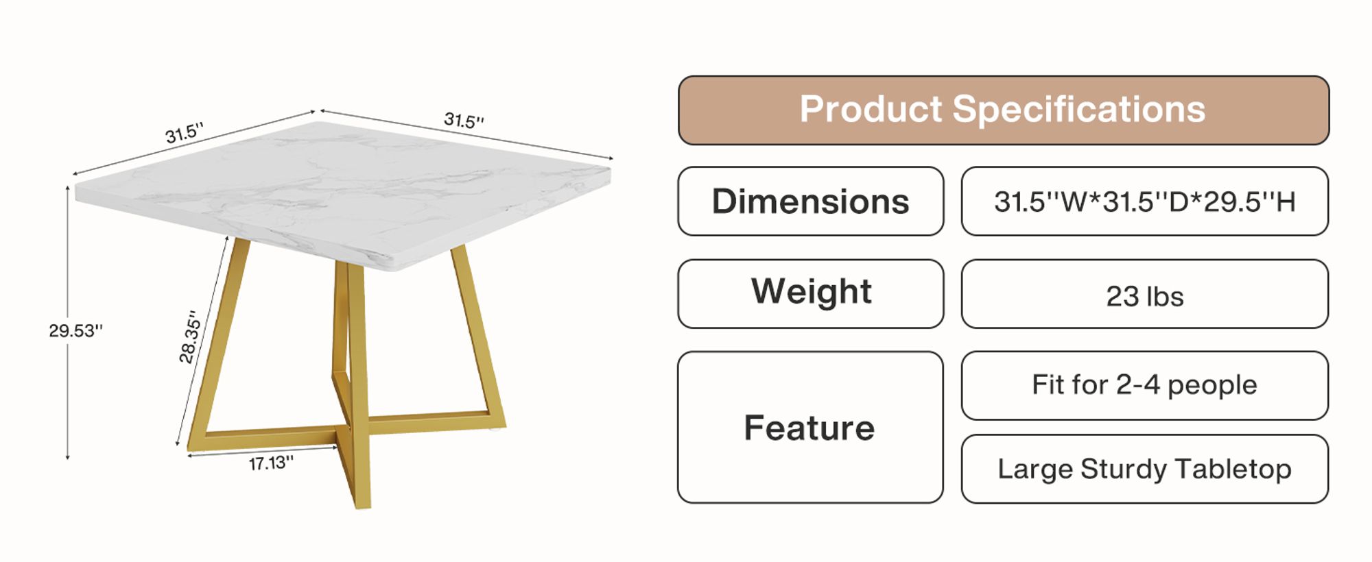 Tribesigns Esstisch, Esstisch klein, Küchentisch, Esszimmertisch, 80 x 80 cm, für 4 Personen, Metallfuß im Industriestil, in Gold und Weiß