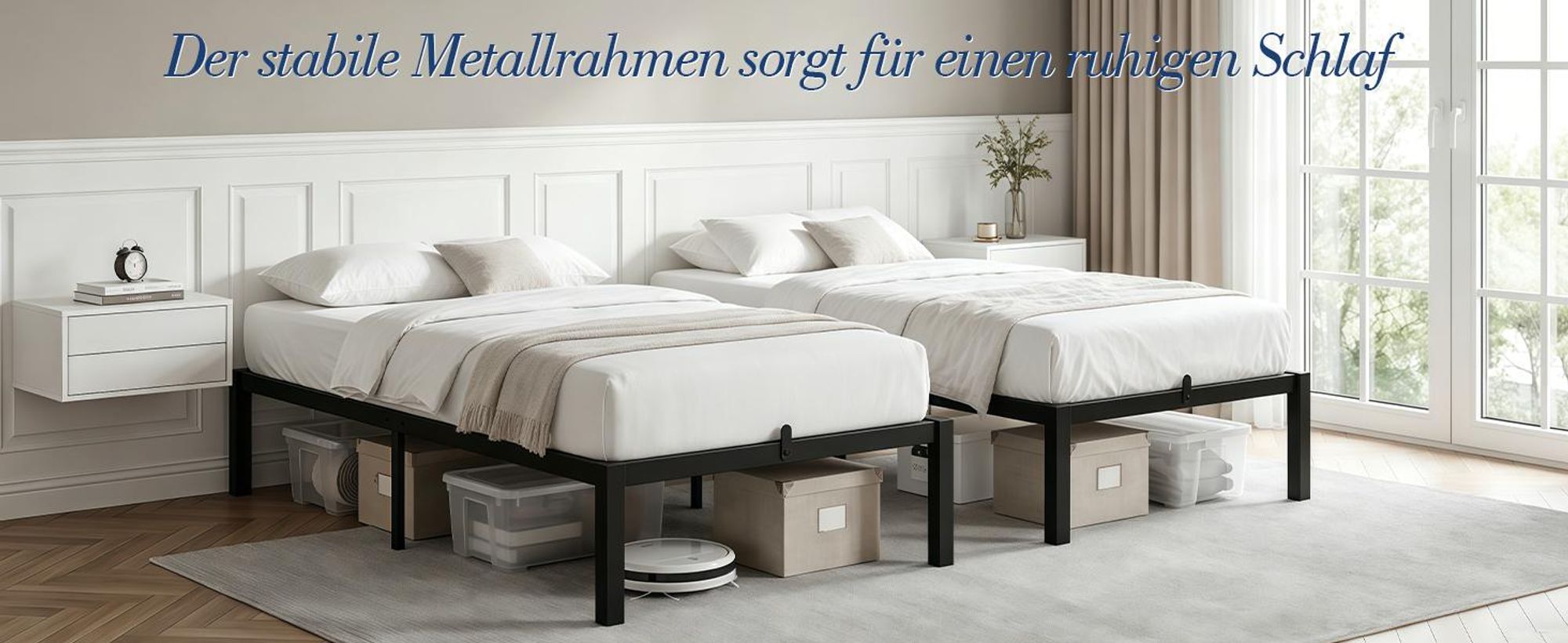 Metallbett 90x200 cm mit Lattenrost, Bettgestell aus Stahl & Holz, 160 kg Belastbar, 26 cm Stauraum, Geräuscharm, Einfache Montage, Schwarz
