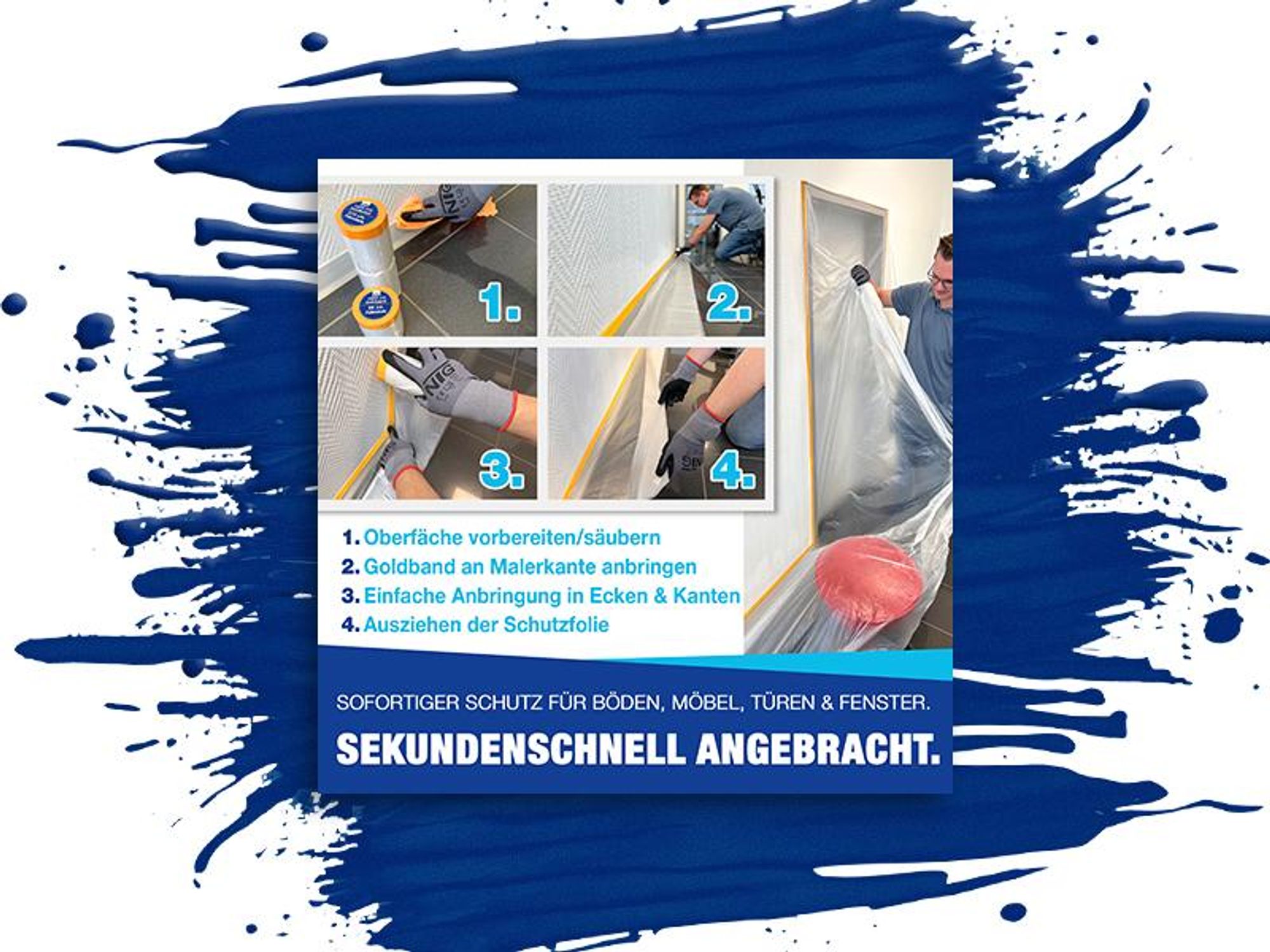 NTG 42m Abdeckfolie mit Klebeband – 3er Set (55cm, 140cm & 270cm) Malerfolie,Goldband, abklebeband, Goldband