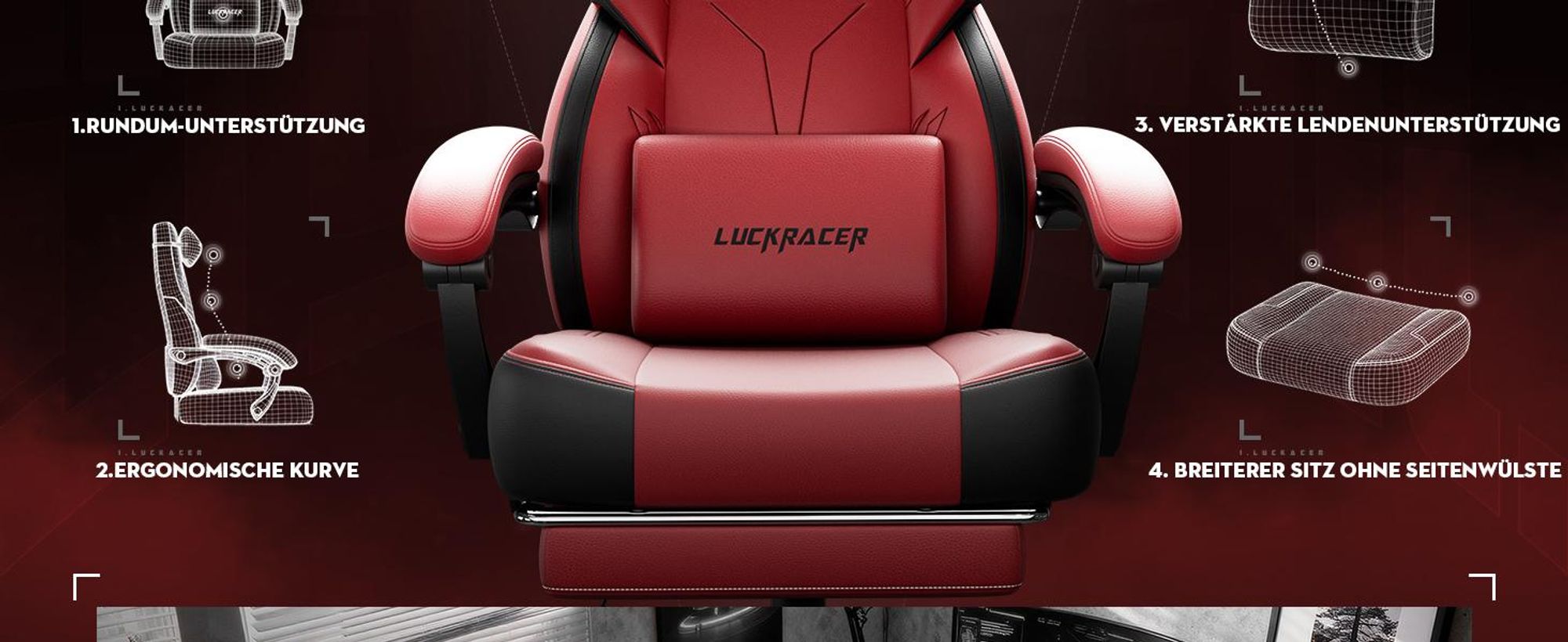 LUCKRACER Gaming Stuhl, Bürostuhl mit verbundenen Armlehnen, Memory-Schaum-Kissen, 90–155° Neigungswinkel und Fußstütze, strapazierfähigem Funktionsge