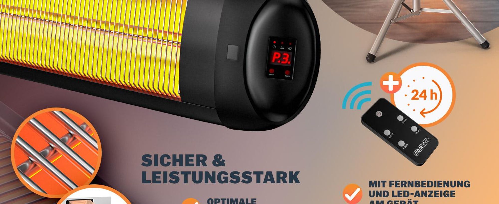 MONZANA® Infrarot Heizstrahler 2500W mit Teleskopständer Schwarz