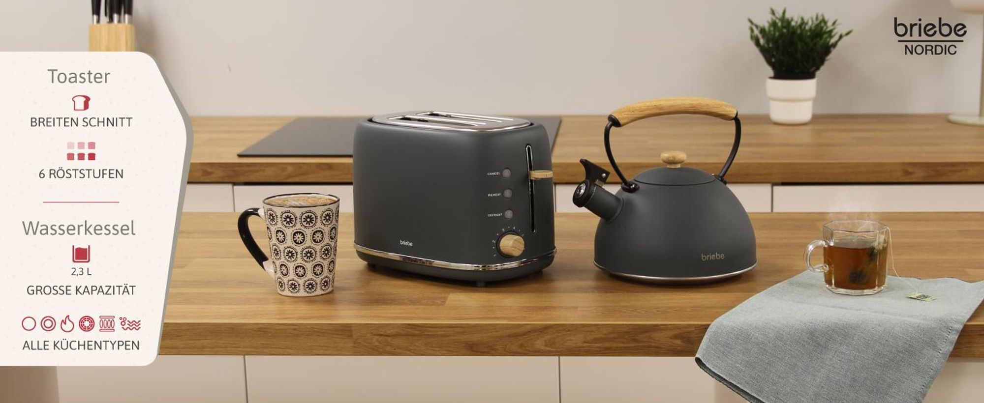 Briebe SKT1177GRY Nordic Set Toaster 2 Scheiben Breite Schlitze + Wasserkessel Induktion 2,3 L Grau