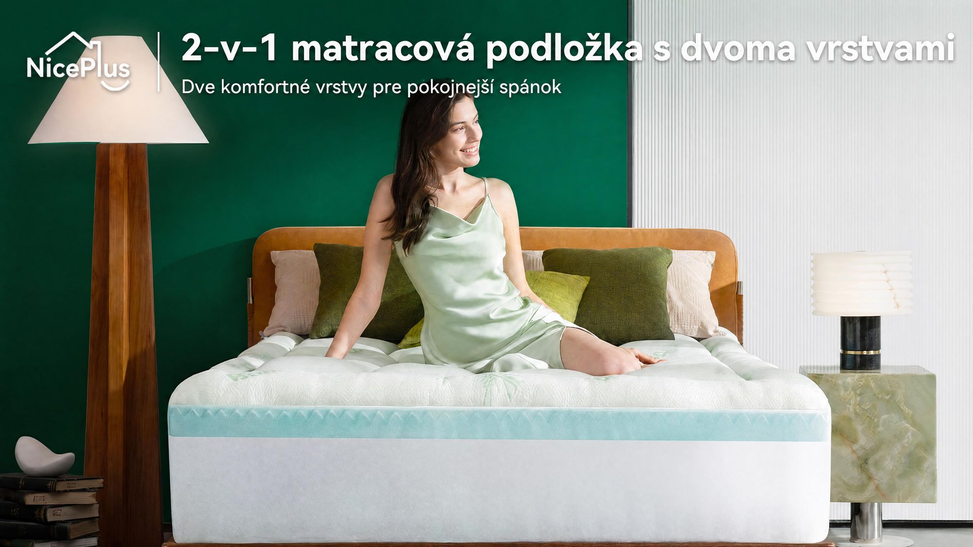NicePlus, vrchná matrace 2 v 1, 90x200x7 cm, 5-zónová pamäťová pena + vrchná vrstva z bambusu, s rohovými gumičkami vhodná pre všetky matrace, tvrdosť H2/H3, zelená