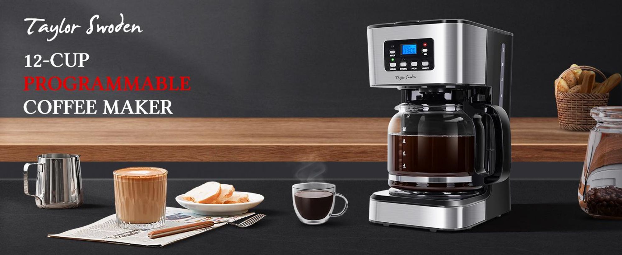 Taylor Swoden - Kaffeemaschine mit Timer,1.5L Filterkaffeemaschine 12 Tassen, Abschaltautomatik, Tropf-Stopp, 950W