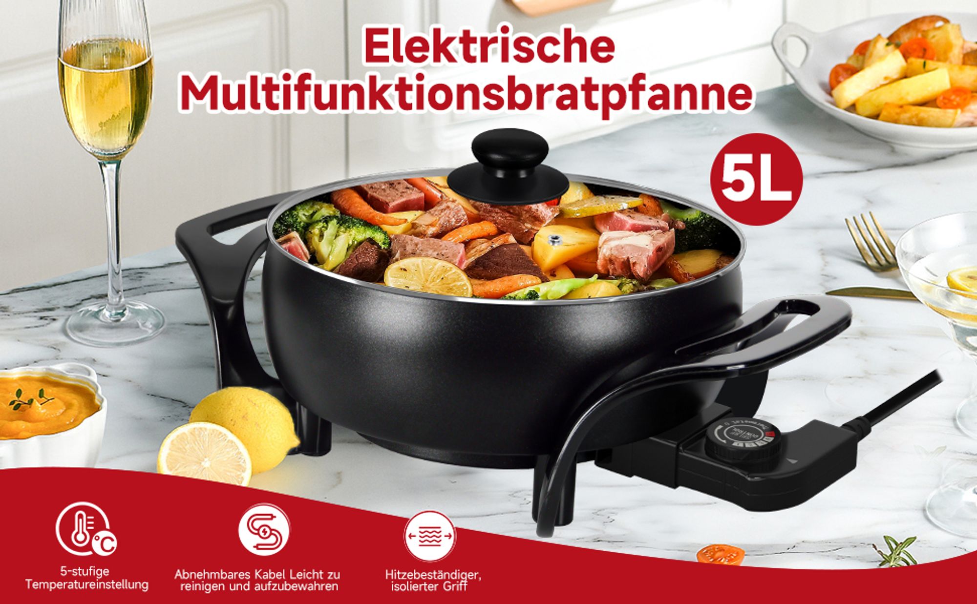 Elektrische pfanne Scheffler Elektropfanne mit deckel, Elektrische Multipfanne,mit Antihaftbeschichtet, Ø 27 cm, 1500 W (EFP-006)