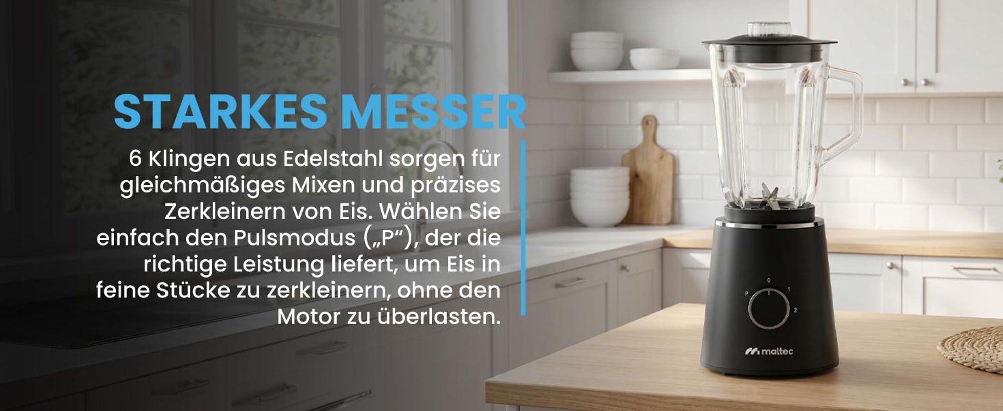 MalTec Standmixer Glas 1,5 L mit 500 ml To-Go-Flasche 1000W 6 Edelstahlklingen, 2 Geschwindigkeiten und Pulsfunktion, rutschfeste Füße  für Smoothies Suppen