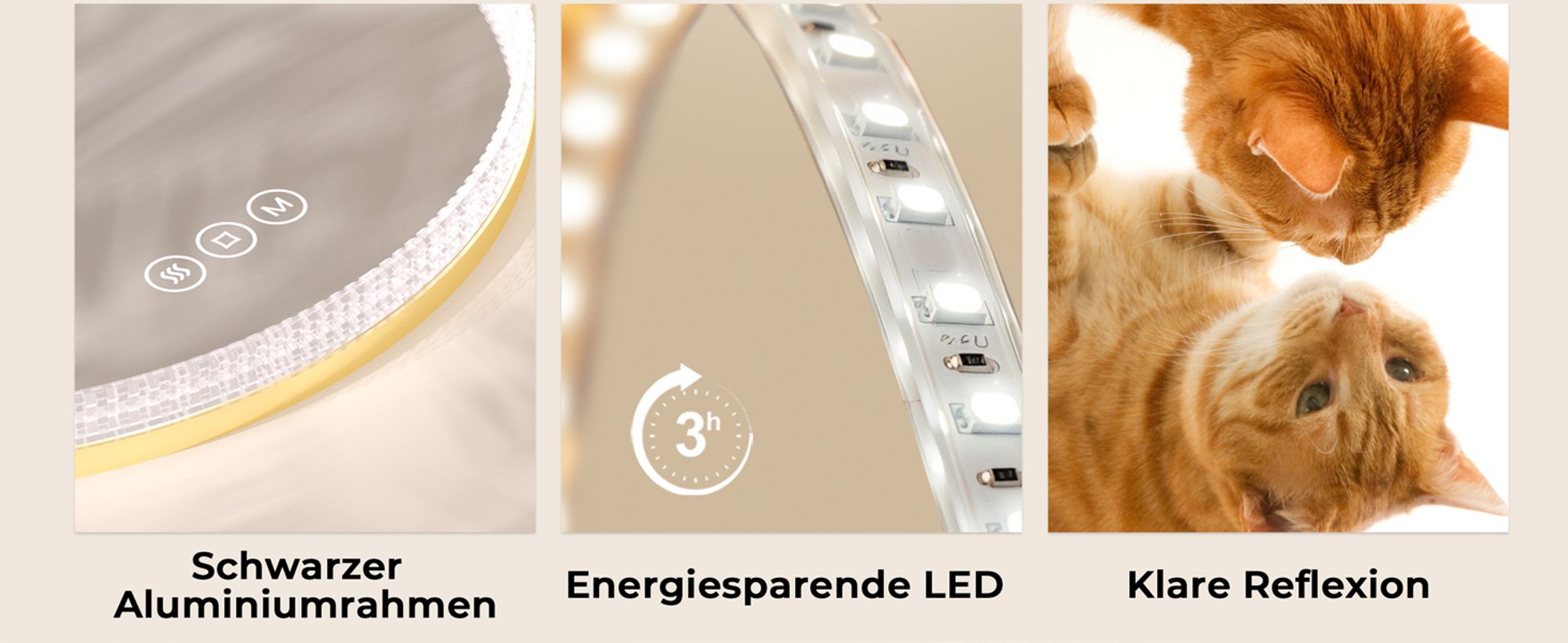 EMKE LED Badspiegel Rund 60cm mit Beschlagfrei und 3 Lichtfarben, Golden Badezimmerspiegel dimmbar Wandspiegel mit Touchschalter, Speicherfunktion, 3 stunden Energieeinsparung