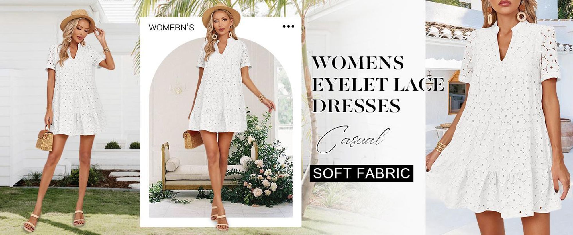 Sommerkleid aus Spitze für Damen, durchbrochenes Muster, kurze Ärmel und V-Ausschnitt