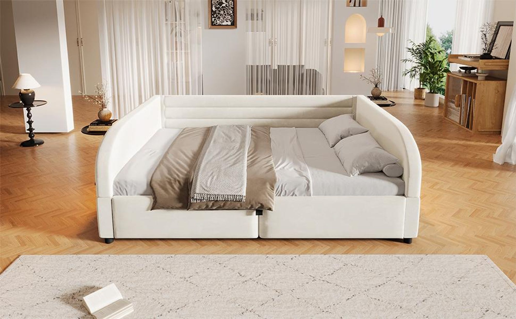 Merax Tagesbett 140x200 cm Polsterbett mit hydraulischem Stauraum, LED-Beleuchtung, Daybett mit Bettkasten, Doppelbett, Flanell Jugendbett, Beige