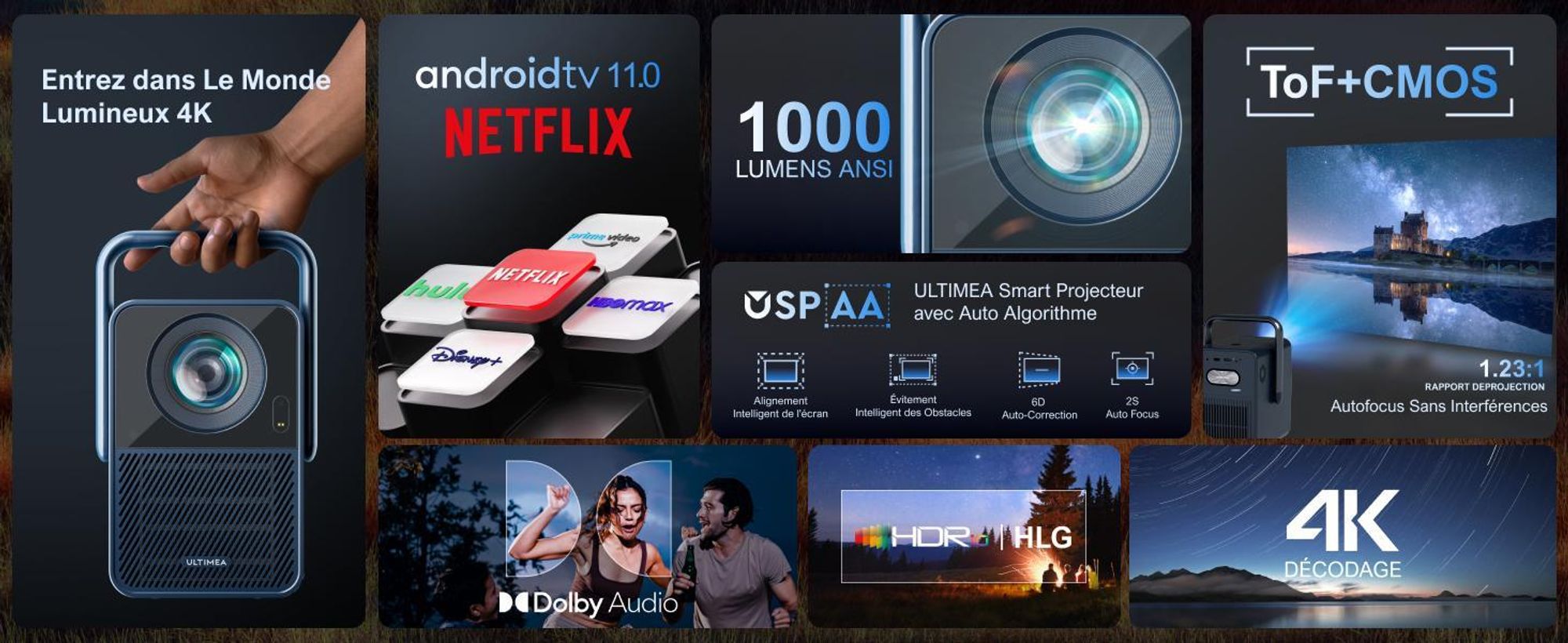 Poseidon E40 Beamer, Android TV 11.0 avec Netflix, Dolby Audio Beamer, 2000:1, 1920 x 1080 px, Design poignée de transport, Projecteur portable Native 1080P