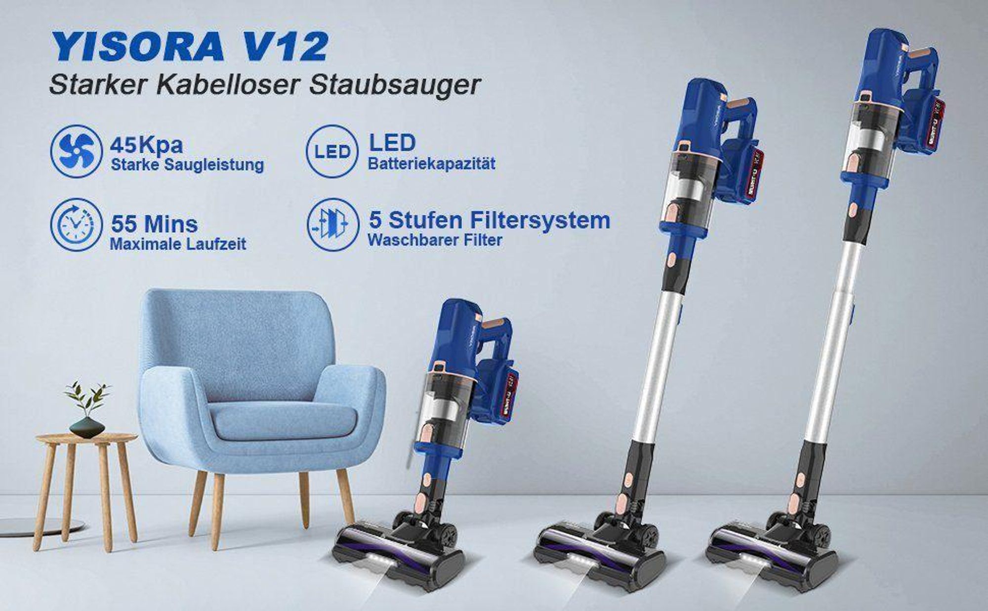 Akku-Hand-und Stielstaubsauger V12 45KPa, Akku Staubsauger 55 Minuten, 1.0L