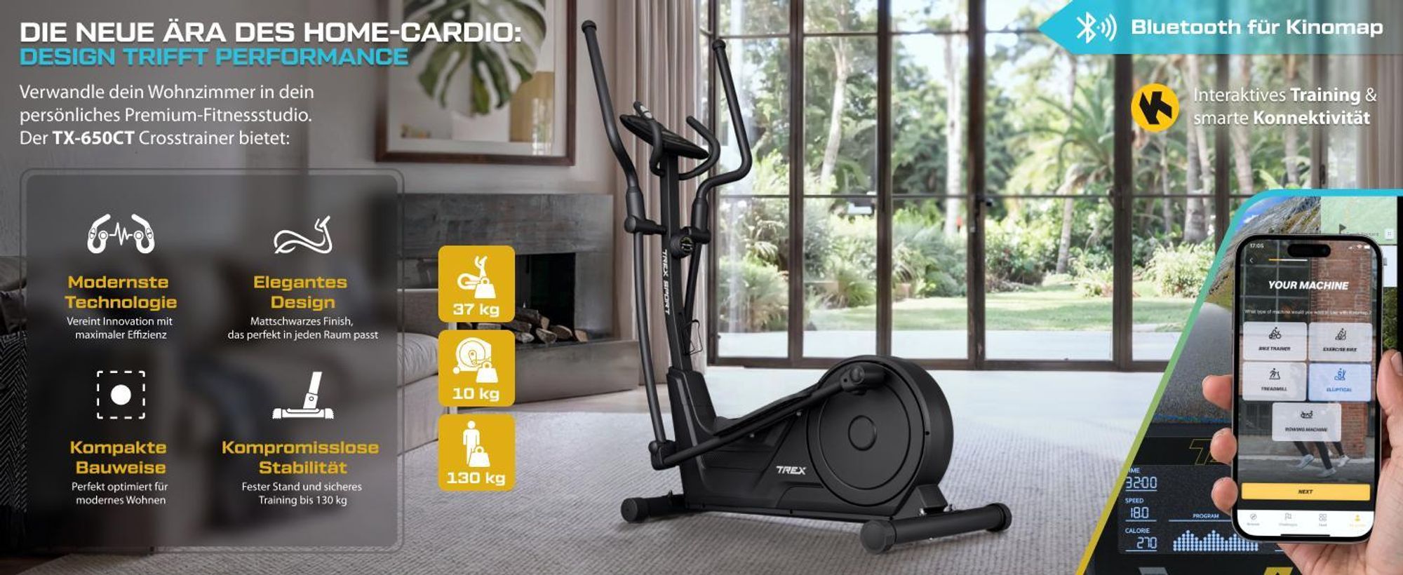 TREX SPORT Crosstrainer für zuhause TX-650CT KRAD | Magnetischer Ellipsentrainer bis 130kg, 16-stufiger Widerstand, Bluetooth, 10kg Schwungmasse