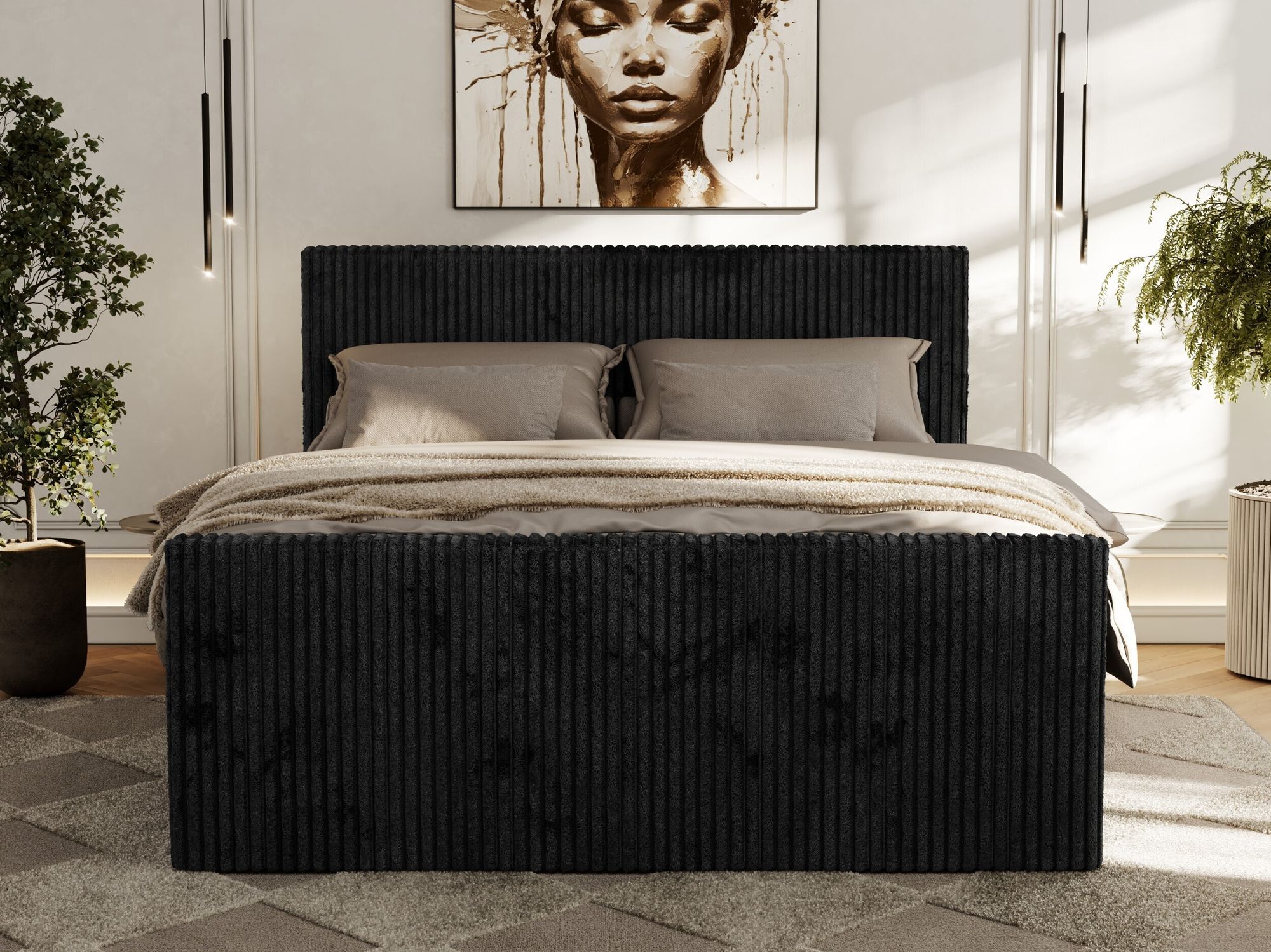 Foto von Boxspringbett. Bett aus schwarzem Cordstoff