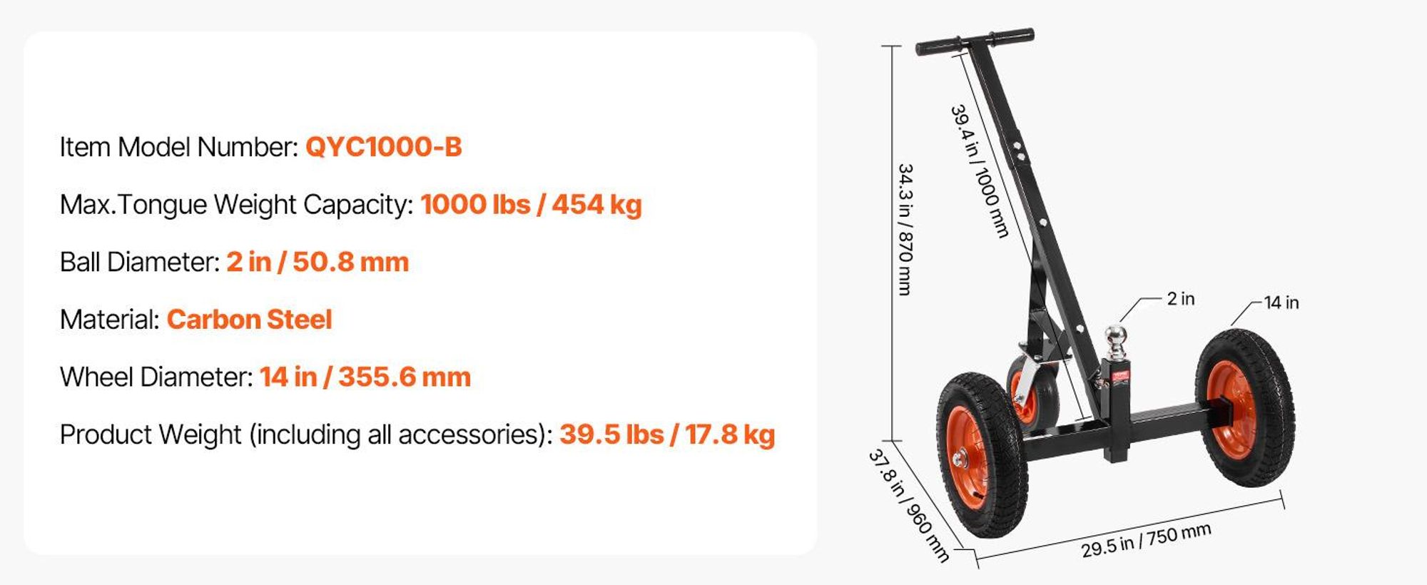 VEVOR Anhänger-Dolly, 136 kg Zungenlastkapazität, 42 cm und 56 cm höhenverstellbarer Anhänger-Dolly, mit 1-7/8 Zoll und 2 Zoll Kugeln, 21,5 cm pneumatischem Gummireifen, zum Bewegen von Wohnwagen, 1000 lbs