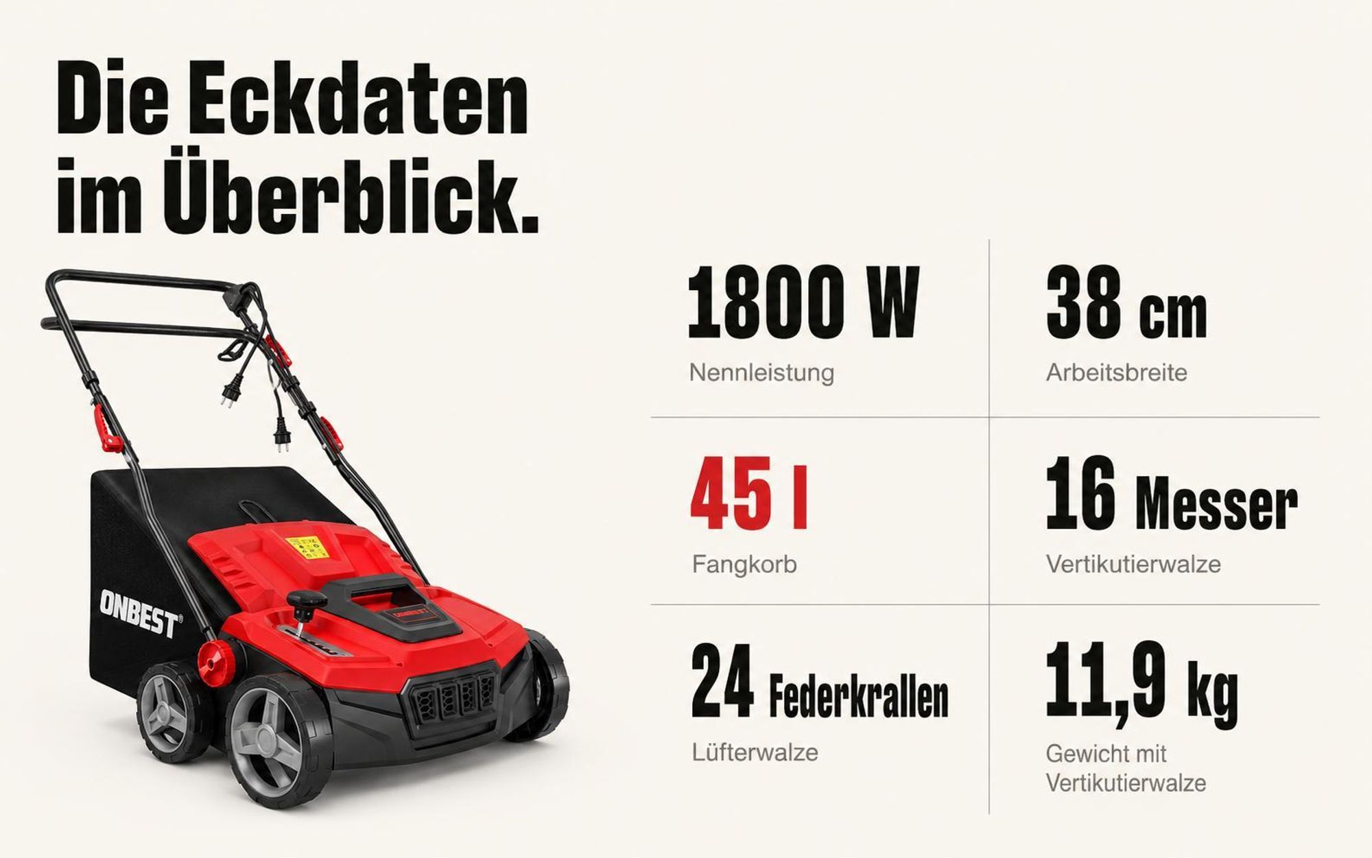 ONBEST Vertikutierer Elektro S1838 | 2in1 Rasenlüfter | 38 cm Arbeitsbreite | 1800 W | 24 Federkrallen | 16 Doppelmesser