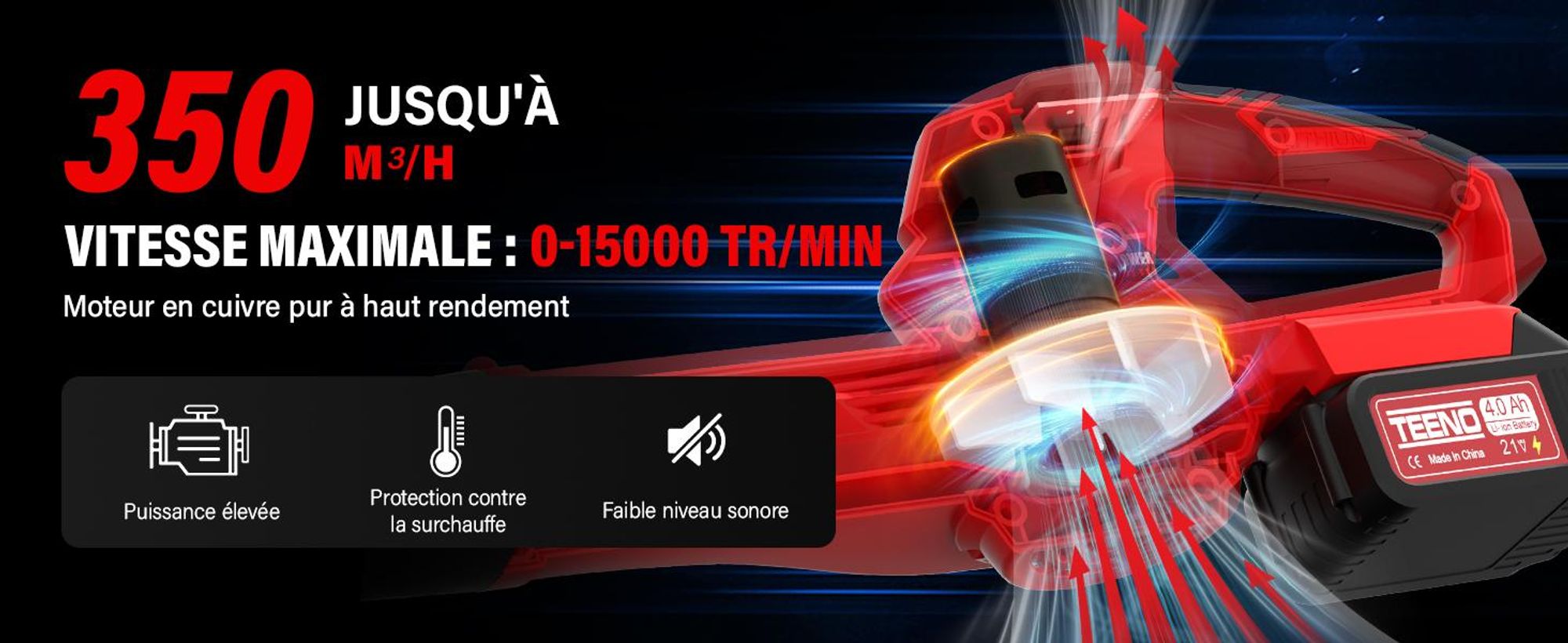 TEENO Souffleur de Feuilles Rechargeable, 21 V, 4,0 Ah, 6 Modes de Vitesse, Vitesse du Vent jusqu'à 210 km/h, Tuyau de soufflage Amovible