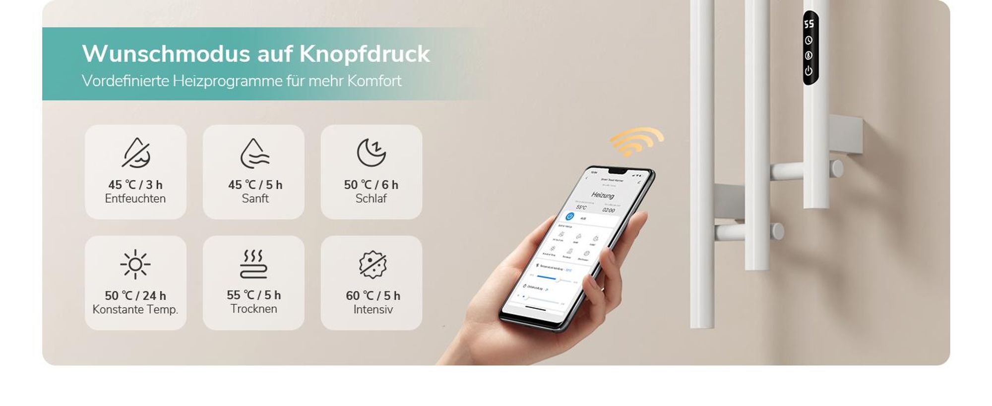 EMKE Elektrischer Handtuchheizkörper WLAN-App Steuerung mit Wochenprogramm LED Touchscreen Kompakt 3-Rohr Handtuchtrockner 115x21,6cm 220W Weiß
