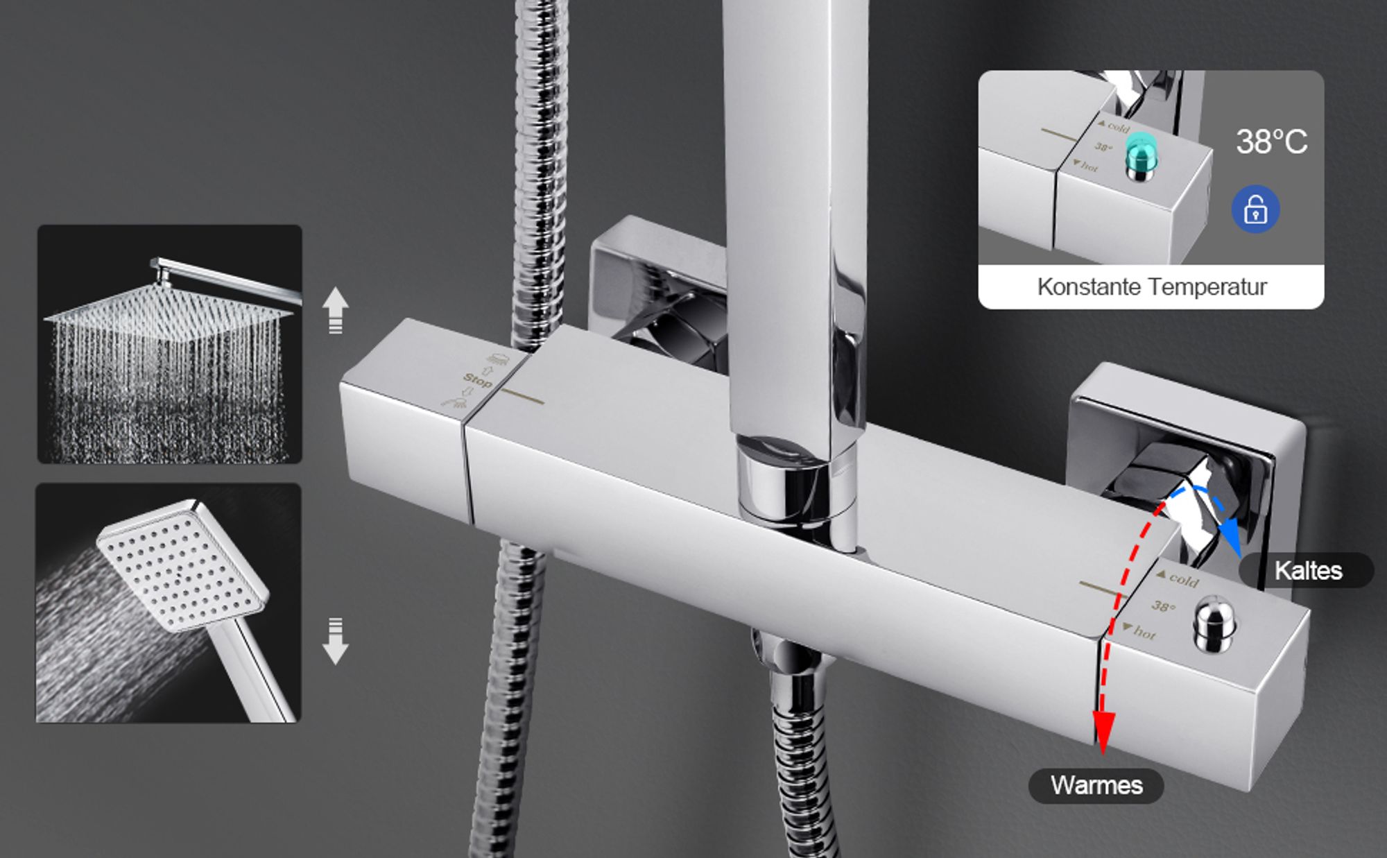 Heilmetz Regendusche Duschsystem mit Thermostat, 30x30cm Edelstahl Duschset, Höhenverstellbar (Chrom/Eckig)