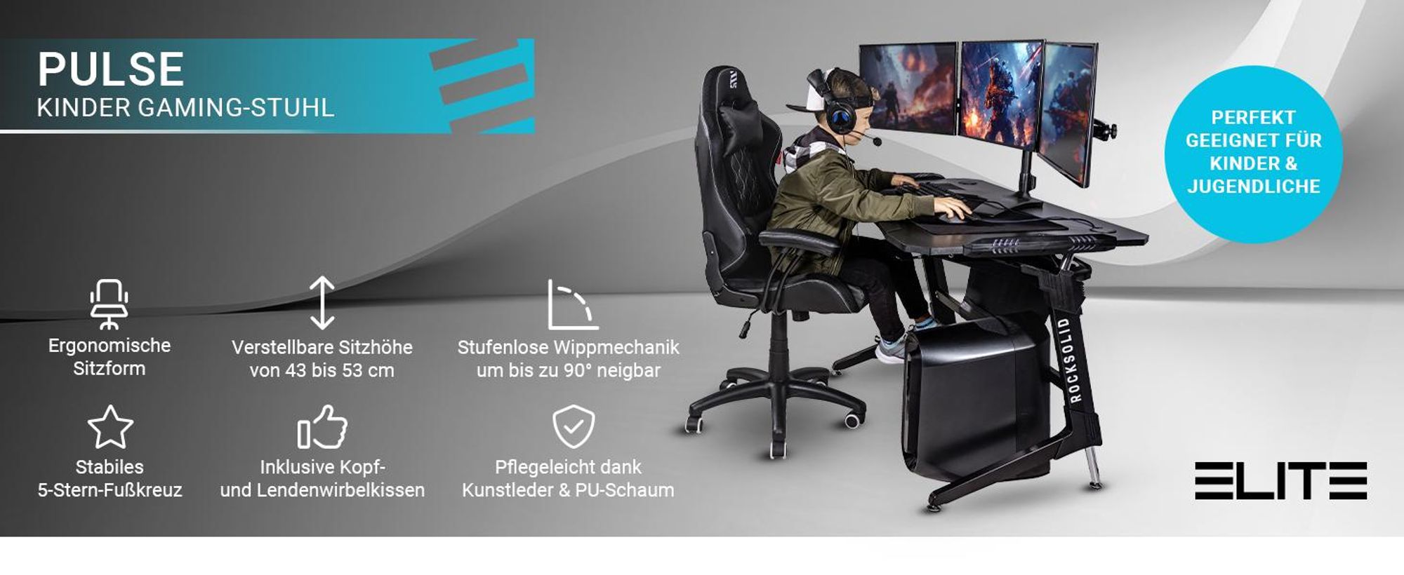 Elite Kinder Gaming Stuhl PULSE | Ergonomischer Bürostuhl - Bis 120 Kg - PC Gamingstuhl - Schreibtischstuhl - Gamer Racing Stuhl - Kunstleder