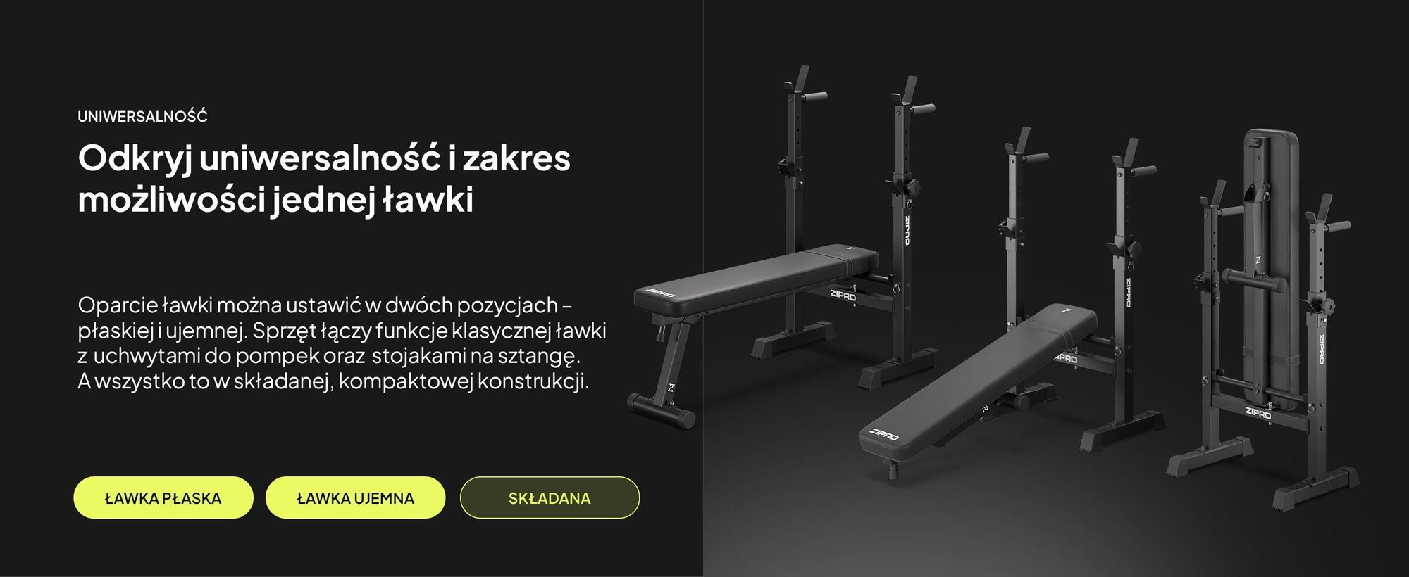 Ławka do ćwiczeń z półką na sztangę Zipro Core – składana ławka do wyciskania na płaskiej ławce z drążkiem do dipów. Obciążenie do 230 kg. Oszczędność miejsca.