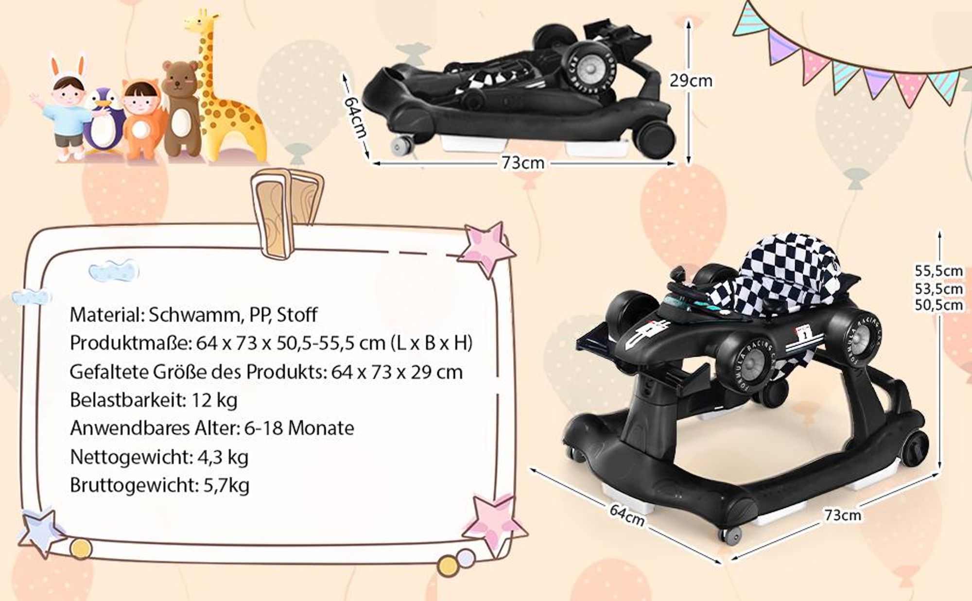 GOPLUS 4-in-1 Lauflernhilfe, Höhenverstellbare & Faltbare Lauflernwagen Tragkraft bis zu 15 kg, Gehfrei mit Licht Musik für Kinder von 6-18 Monaten (Weiß)