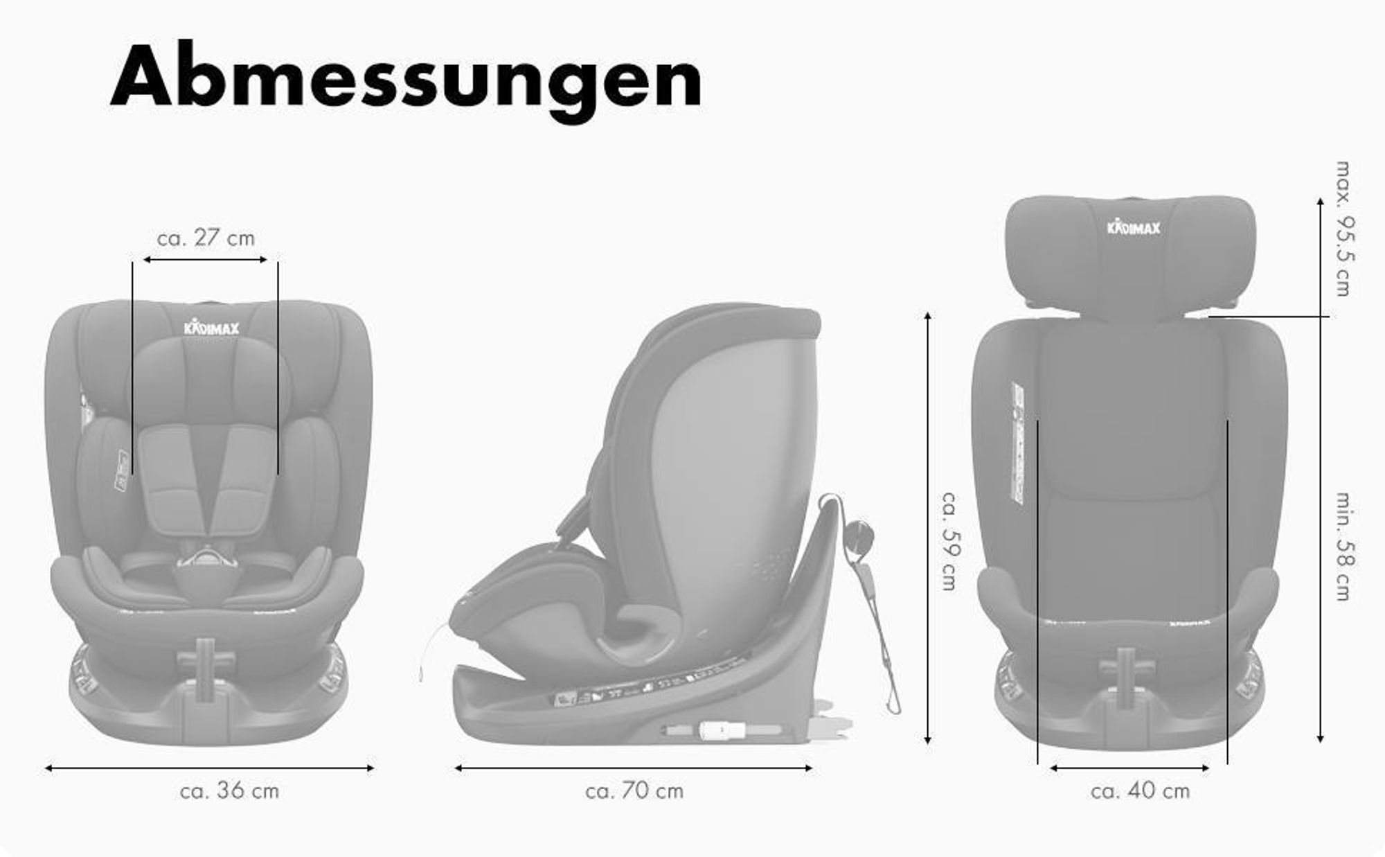 Kidimax® Ultima 360 i-Size Kindersitz 40–150 cm (0–12 Jahre), ECE R129/04, drehbar, mit Isofix & Top Tether, Gruppe 0+/1/2/3, 5-Punkt-Gurt, Grau
