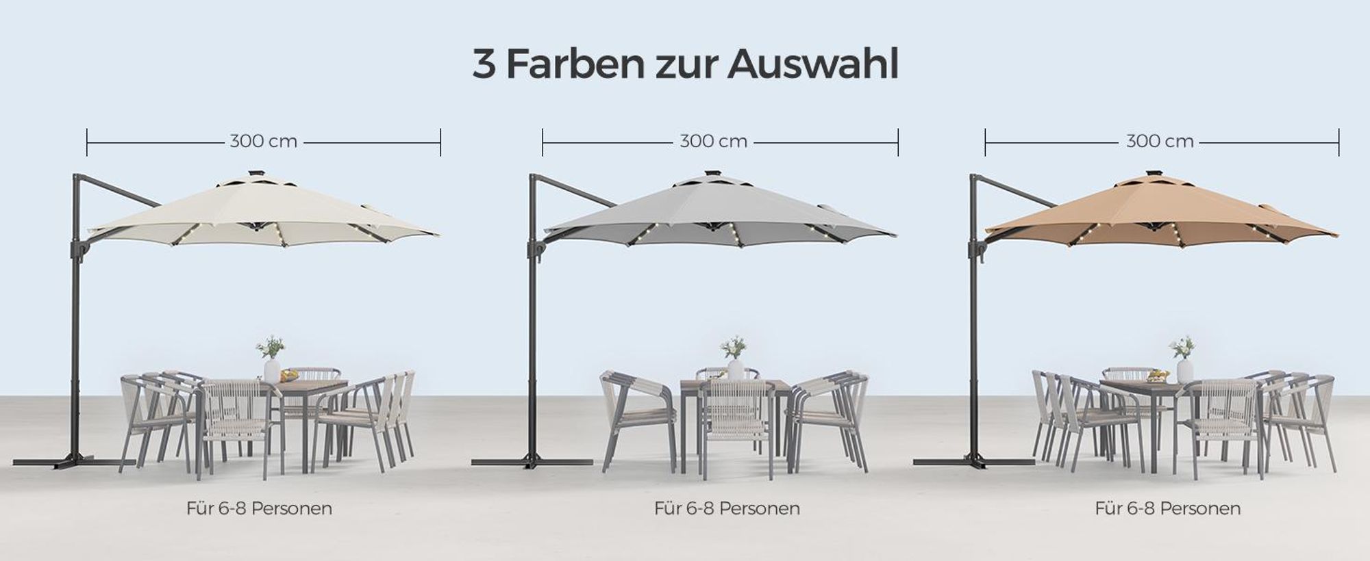 SONGMICS Sonnenschirm, ∅300 cm, 28 Solar-LED-Leuchten, UPF 50+, um 360° drehbar
