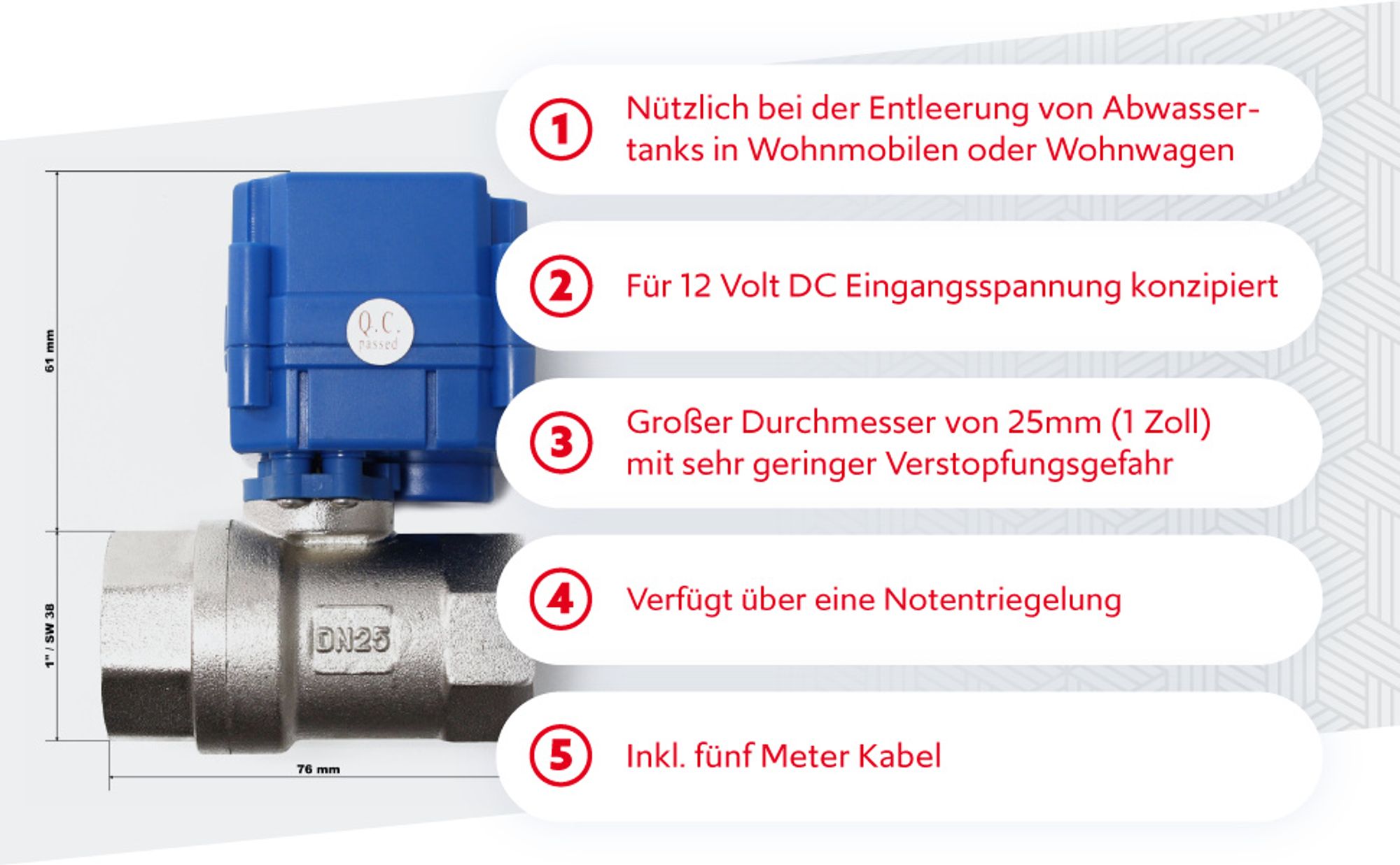 Wiltec Kugelventil für Abwasser Ø 25 mm (1"), Entleerungsventil für DC 12 V mit Notentriegelung, Rückschlagventil für Wohnmobil & Wohnwagen