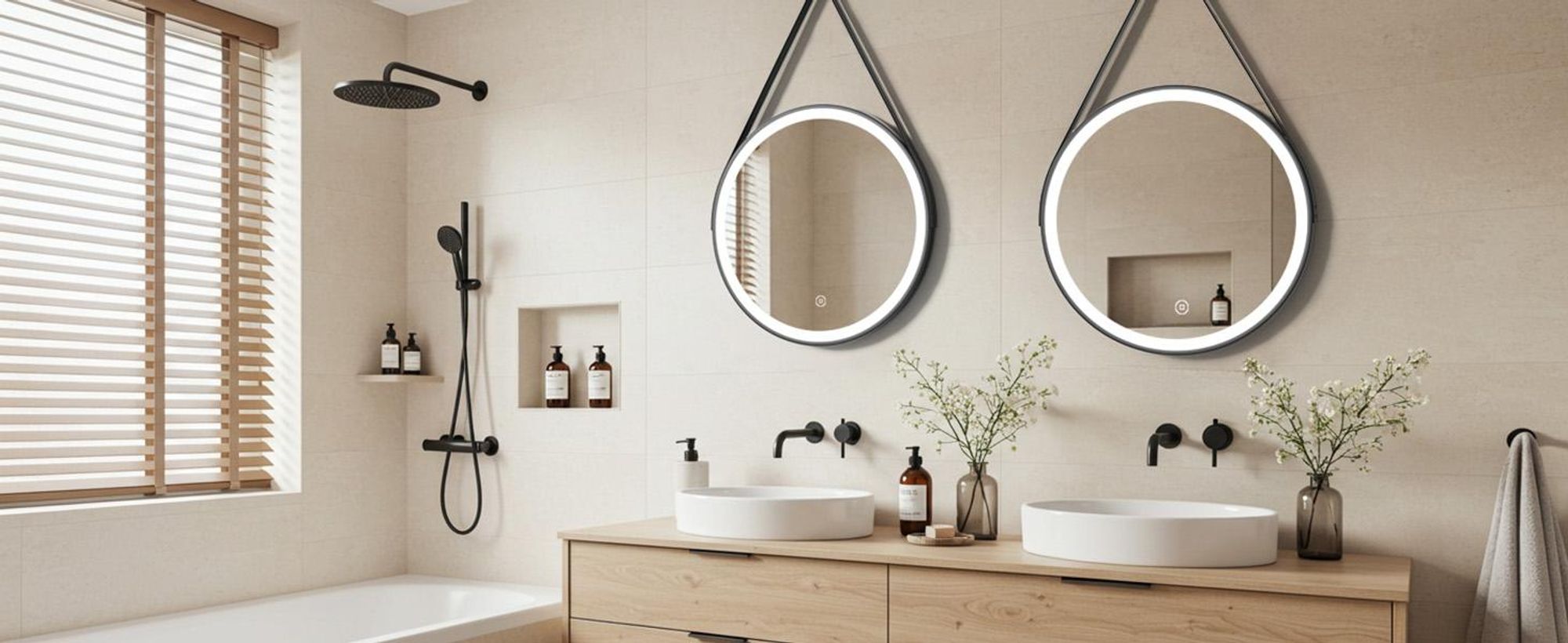 S'AFIELINA miroir de salle de bain 60cm avec éclairage rond miroir de salle de bain LED tactile et lumière blanche froide cadre noir ceinture en cuir réglable