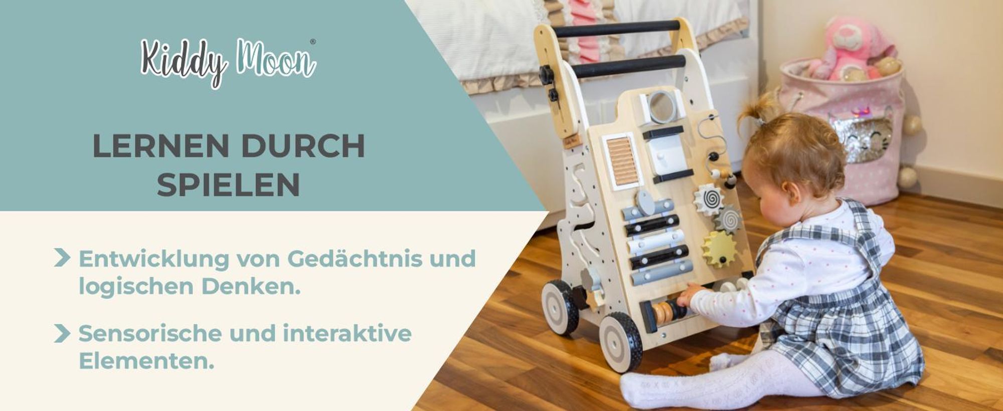 KiddyMoon Lauflernwagen holz für Kinder Verstellbarer Griff - Multifunktion Holzspielzeug Montessori spielzeug Lauflernhilfe Gehhilfe - Mehrfarbig