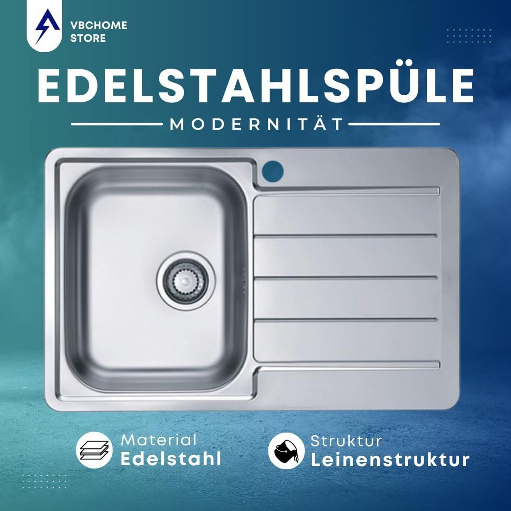 VBChome Edelstahlspüle 79 x 50 cm Leinenstruktur Einbauspüle Spülbecken mit Hahnloch Abtropffläche Rechts Ablaufgarnitur Camping Küchenspüle
