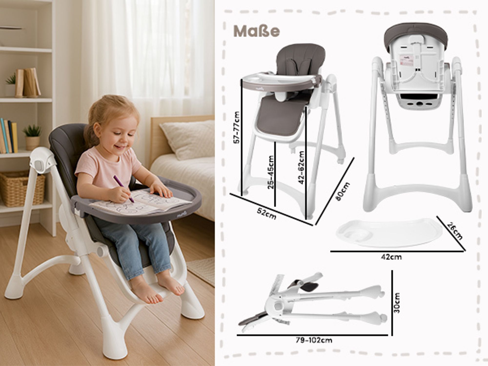 Kinderhochstuhl klappbarer Babystuhl mit verstellbares Tablett