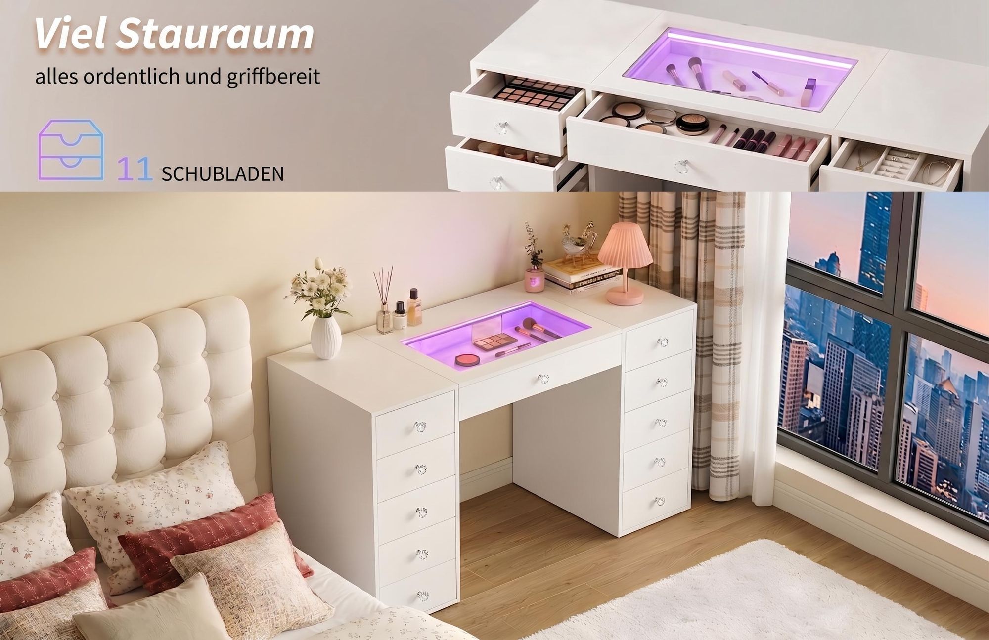 VANITII Schminktisch mit Spiegel (Spiegelmaße: 95 cm x 76 cm), Glasplatte, elegantes modernes Design in weißer Ausführung
