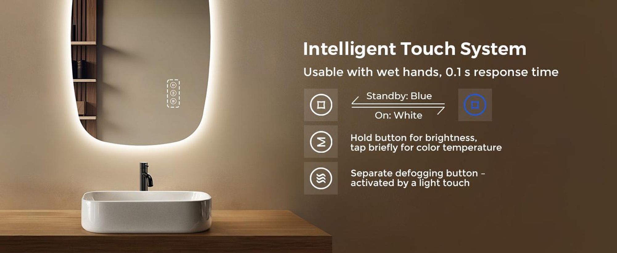 S'AFIELINA 80×50 cm lustro ścienne LED - lustro łazienkowe z oświetleniem, szkło HD, ściemnialne, 3-kolorowe LED, przeciwmgielne, do zawieszenia poziomo i pionowo