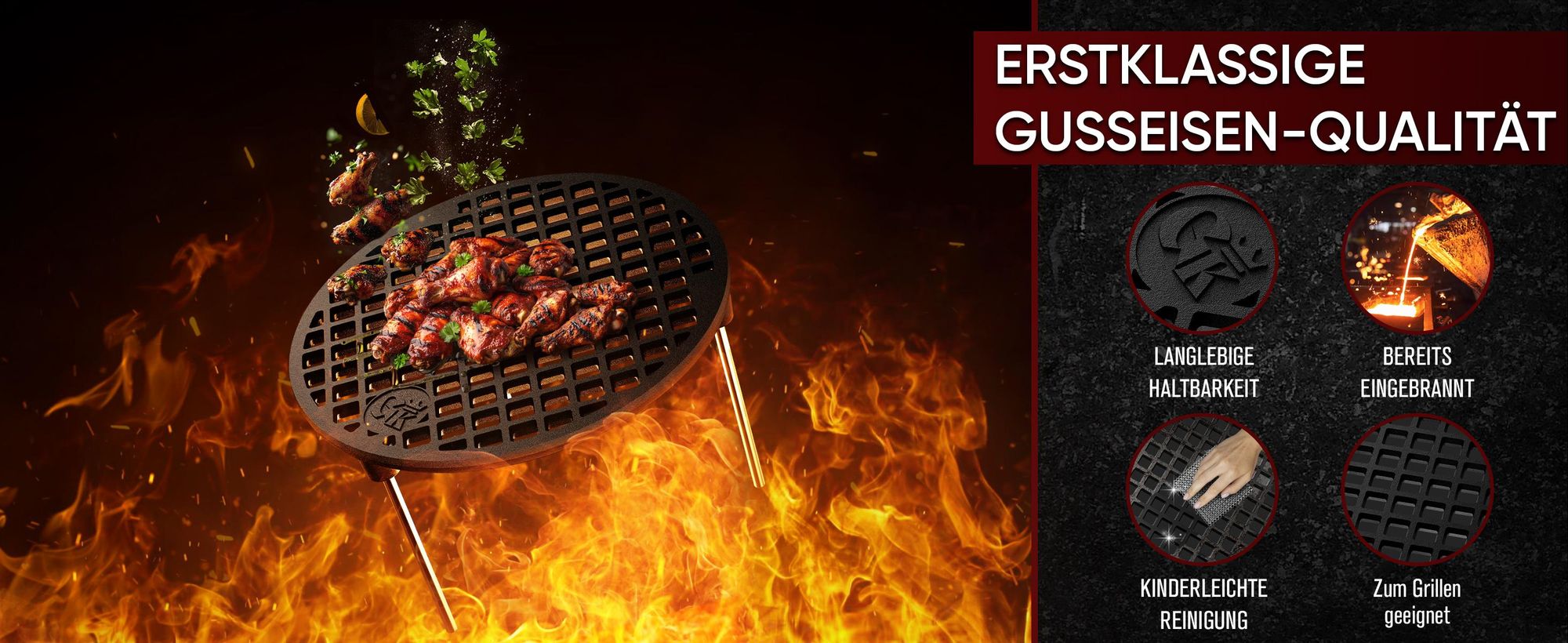 Gusskönig Gusseisen Grillrost mit Beinen Ø30 cm - Grillrost Kohle - Grillrost Dreibein Gusseisen Dutch Oven Untersetzer - Feuerrost Grill Zubehör