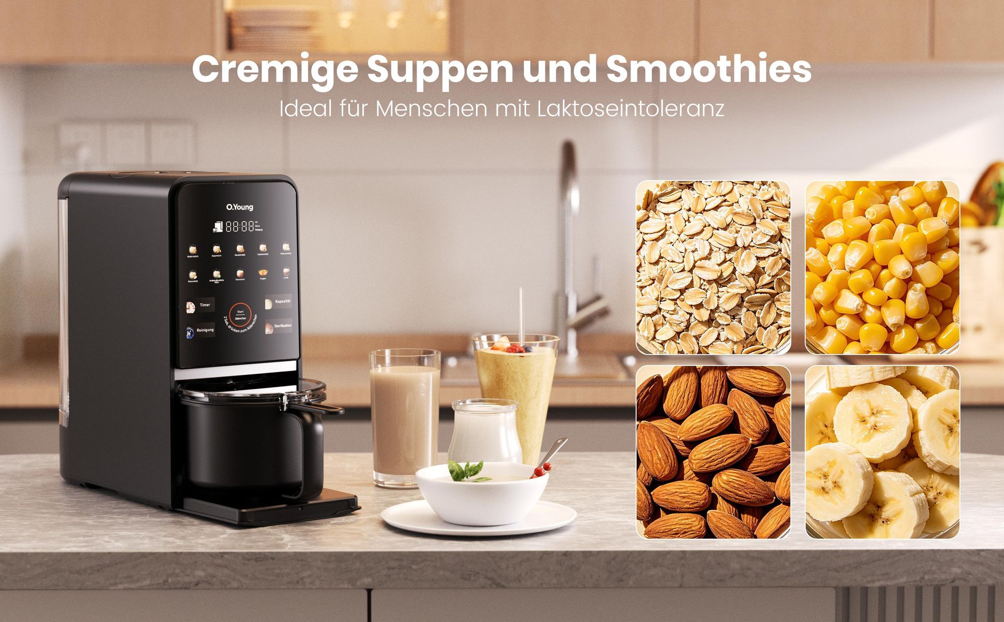 O.Young Pflanzendrink Maker Selbstreinigend,Hochleistungs Standmixer für Veganer Drink, Nussdrink, Suppen & Smoothies,Starker Motor & Heizfunktion