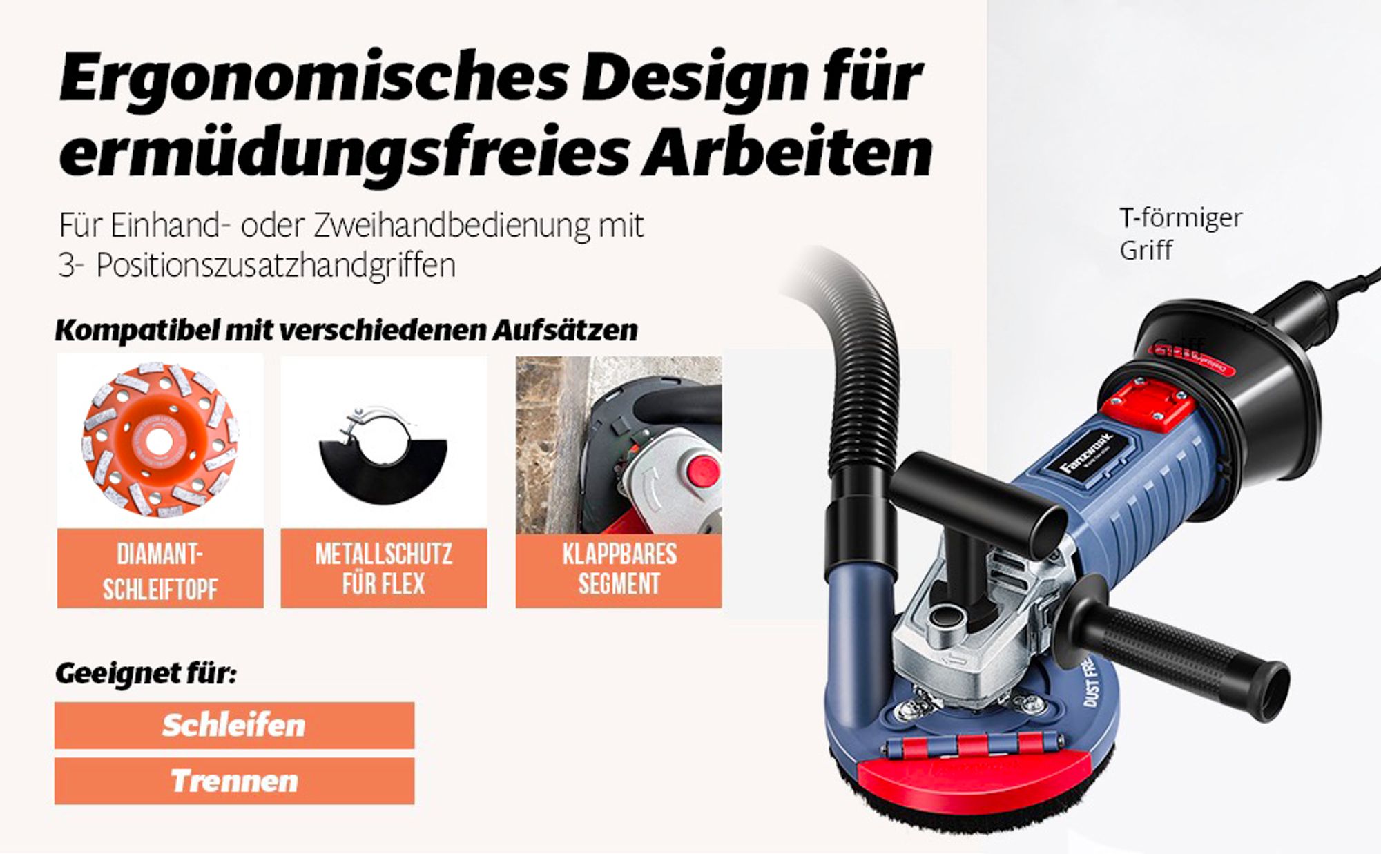 FANZWORK 1500W Betonschleifer Betonfräse Set, Drehzahlregelbar, inkl. Premium 125mm Diamantschleiftopf, Absaughaube, T-Förmiger Griff