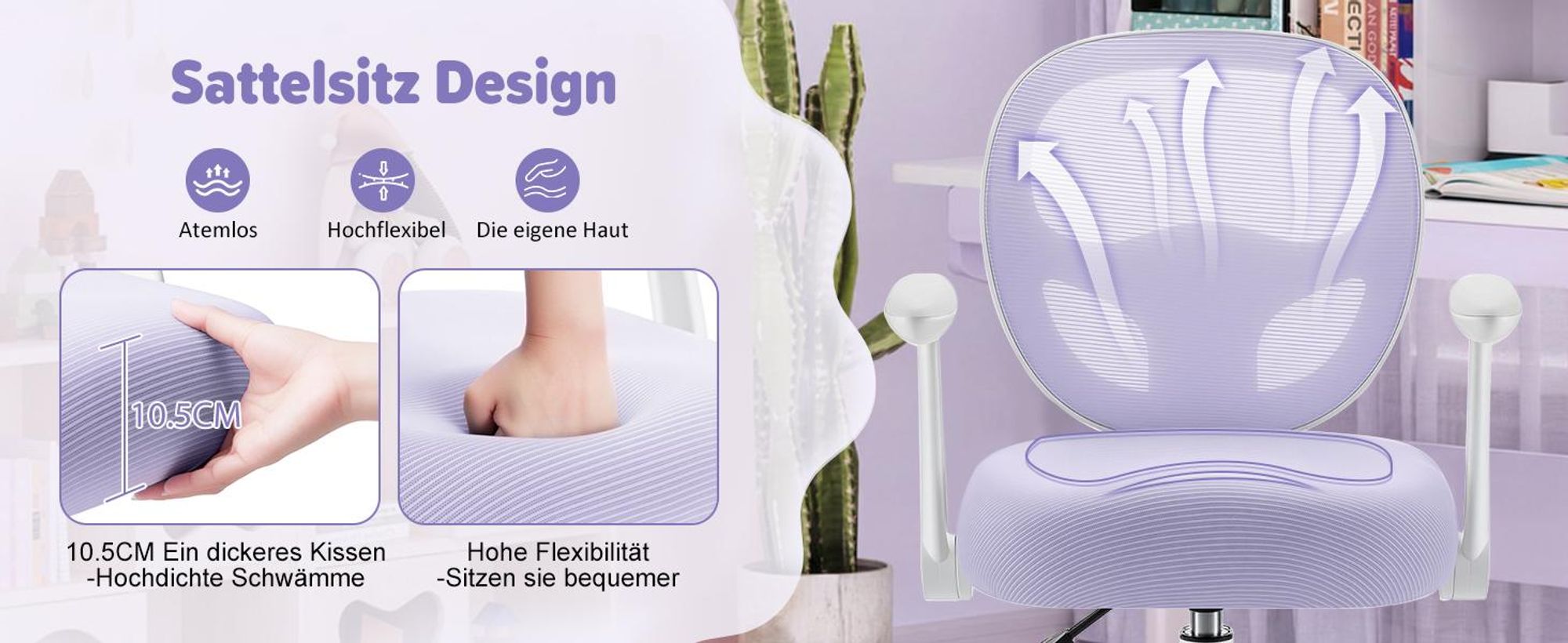 HOFFREE | Kinder Schreibtischstuhl Ergonomischer Kinderdrehstuhl | Fußablage | Höhenverstellbar | klappbaren Armlehnen | Lila