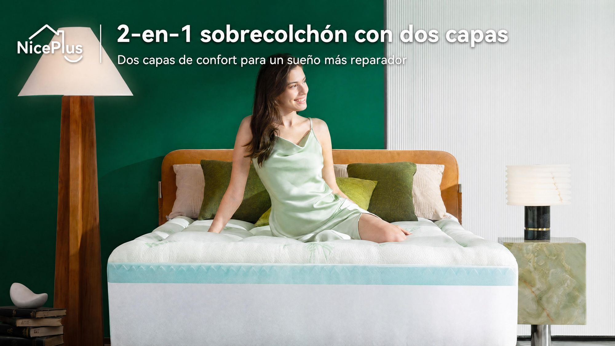 NicePlus, colchón de arriba de 2 en 1, 90x200x7 cm, espuma viscoelástica de 5 zonas + acolchado superior de bambú, con elásticos en las esquinas para adaptarse a todos los colchones, firmeza H2/H3, color verde