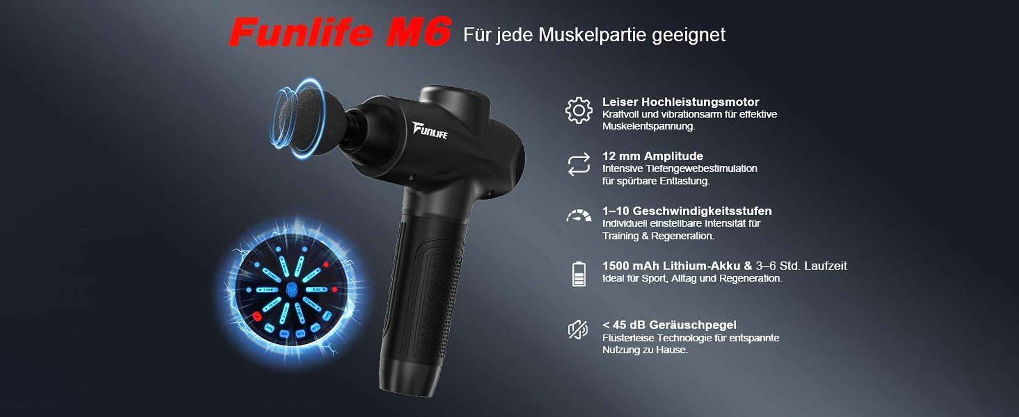 FunLife M6 Massagepistole, Tiefengewebe Muskelmassagegerät, 12 mm Amplitude, 3200 U/min, 10 Stufen, 6 Massageköpfe, LED, USB-C, leise <45 dB
