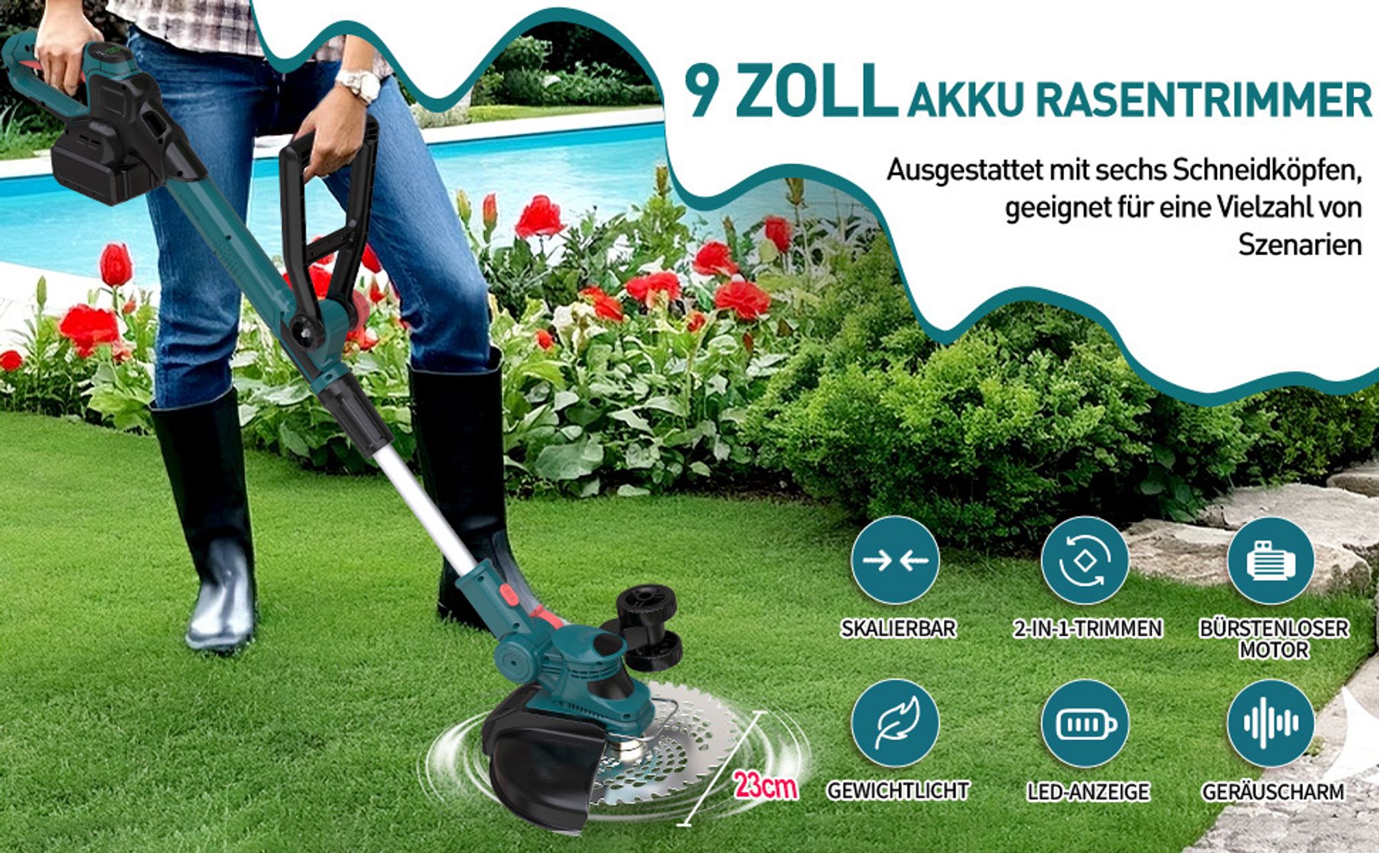 750W Akku Rasentrimmer mit 2× 4000mAh Akkus 21V, 5 Klingentypen Bürstenloser Motor Rasentrimmer, Freischneider mit Unkrautbürste, Drahtbürste – Blau